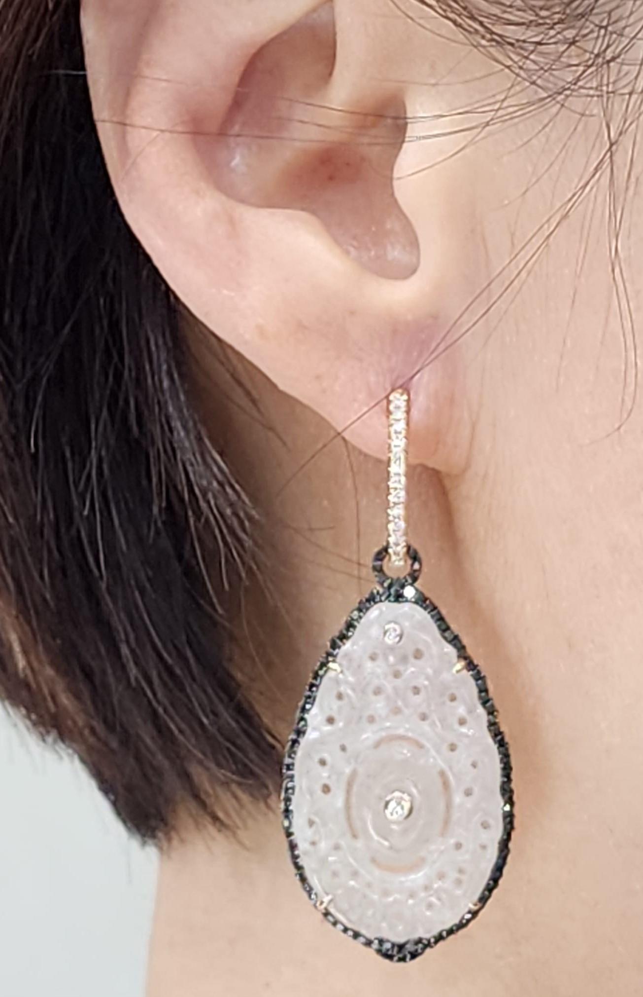 Vintage White Jadeite Diamond Drop Earring in 18K Rose Gold For Sale 1