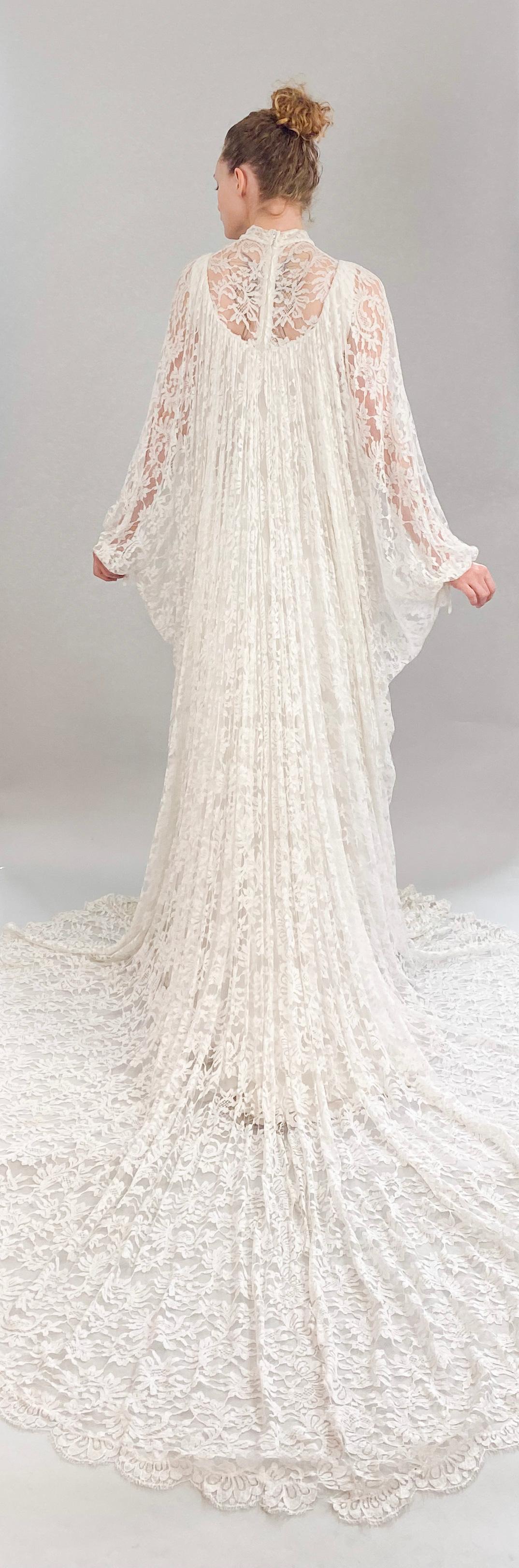 Women's Vintage White Lace Bridal Gown with Batwing Sleeves & Train For Sale
