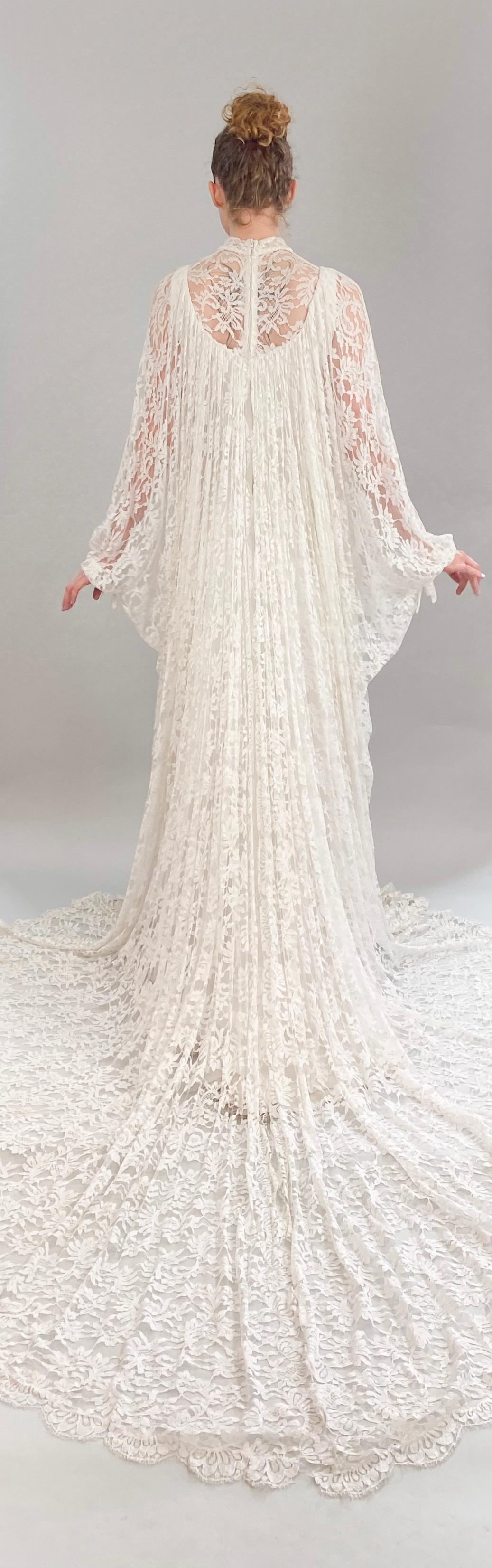 Vintage White Lace Bridal Gown with Batwing Sleeves & Train For Sale 1