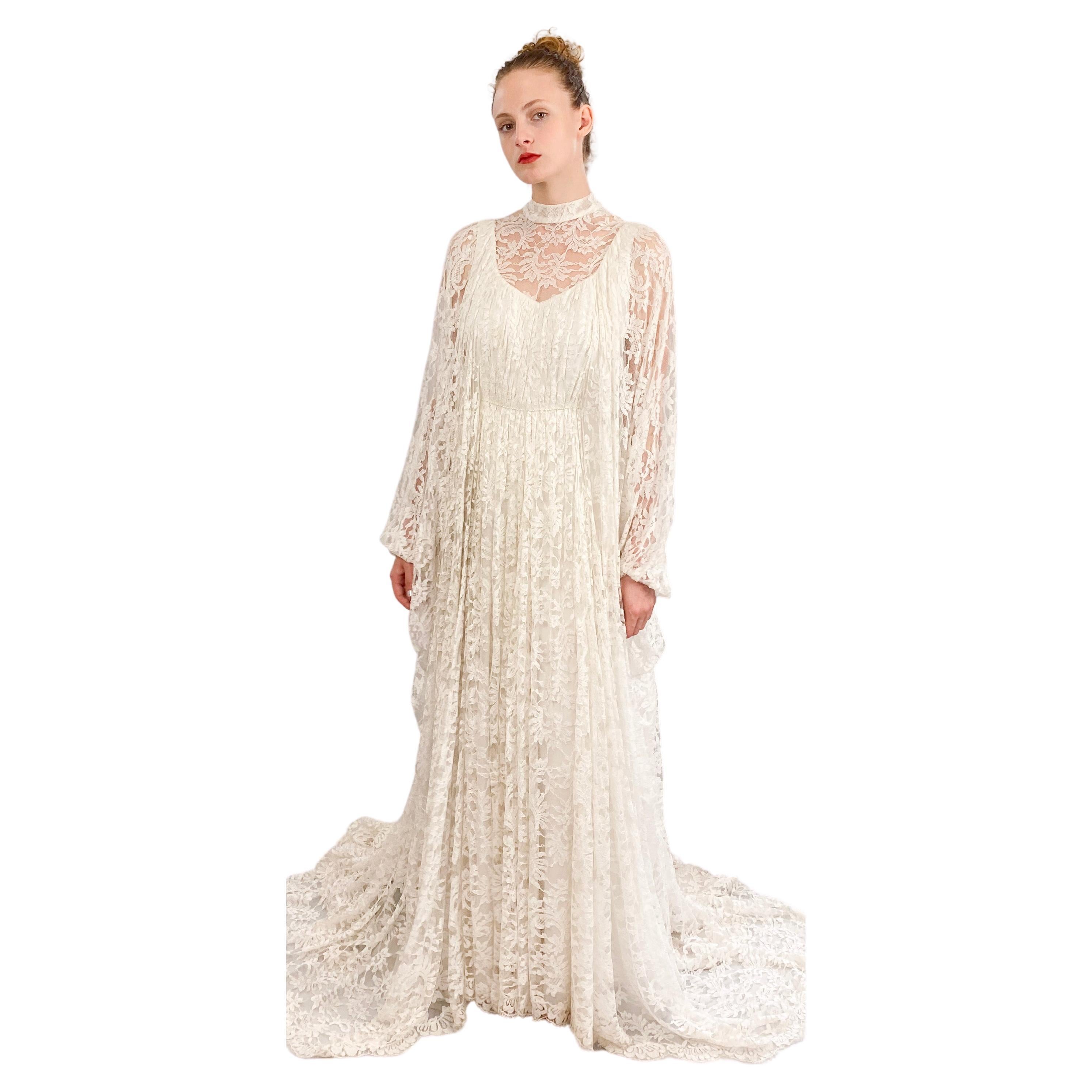 Vintage White Lace Bridal Gown with Batwing Sleeves & Train For Sale