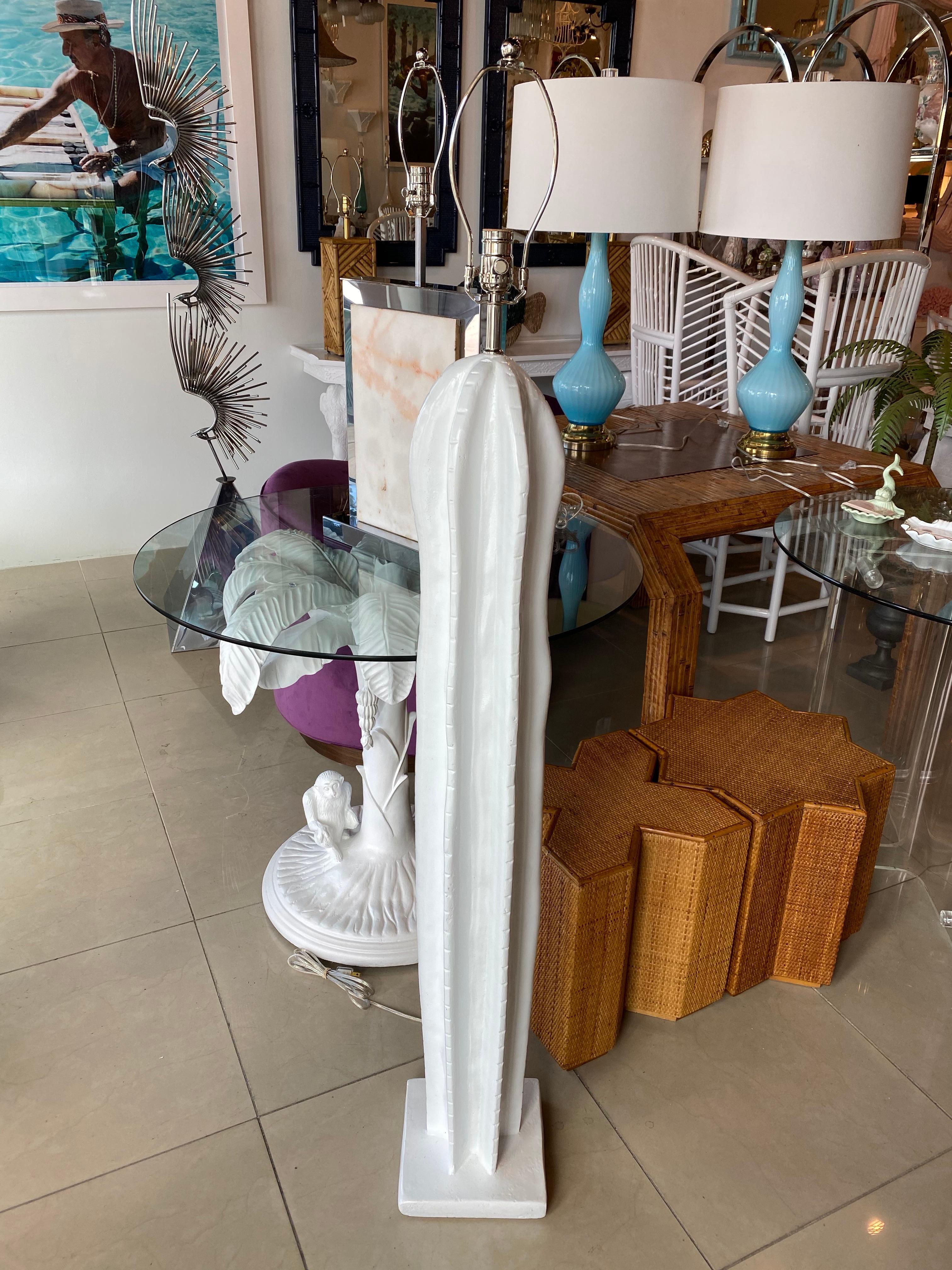 Vintage plaster cactus floor lamp. This floor lamp has been freshly lacquered in a gloss white, newly wired, and has all new chrome hardware. 
Height to top of socket 51.5
Height to top of finial 58.5.