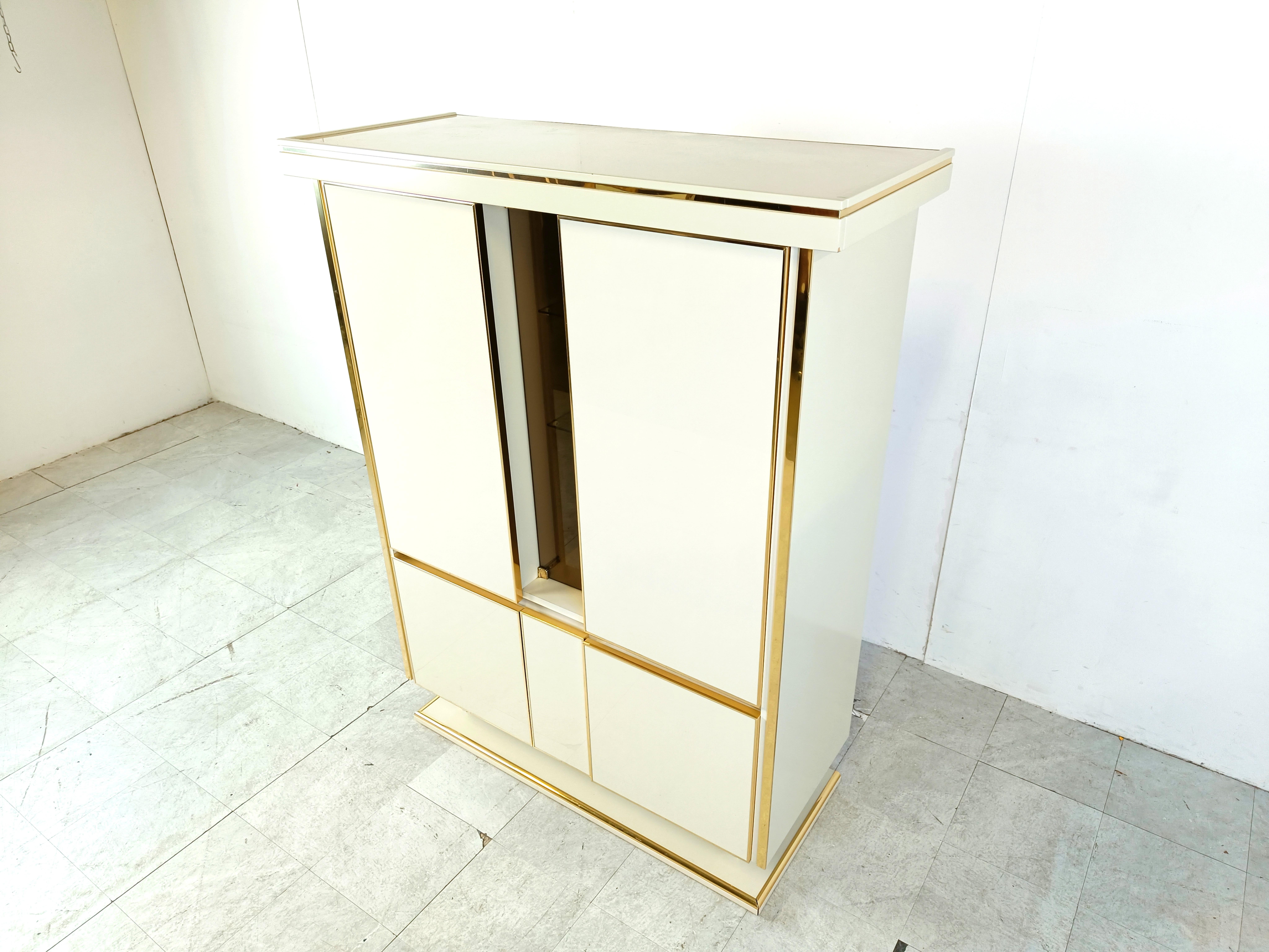 Brass Vintage white lacquered bar cabinet, 1970s For Sale