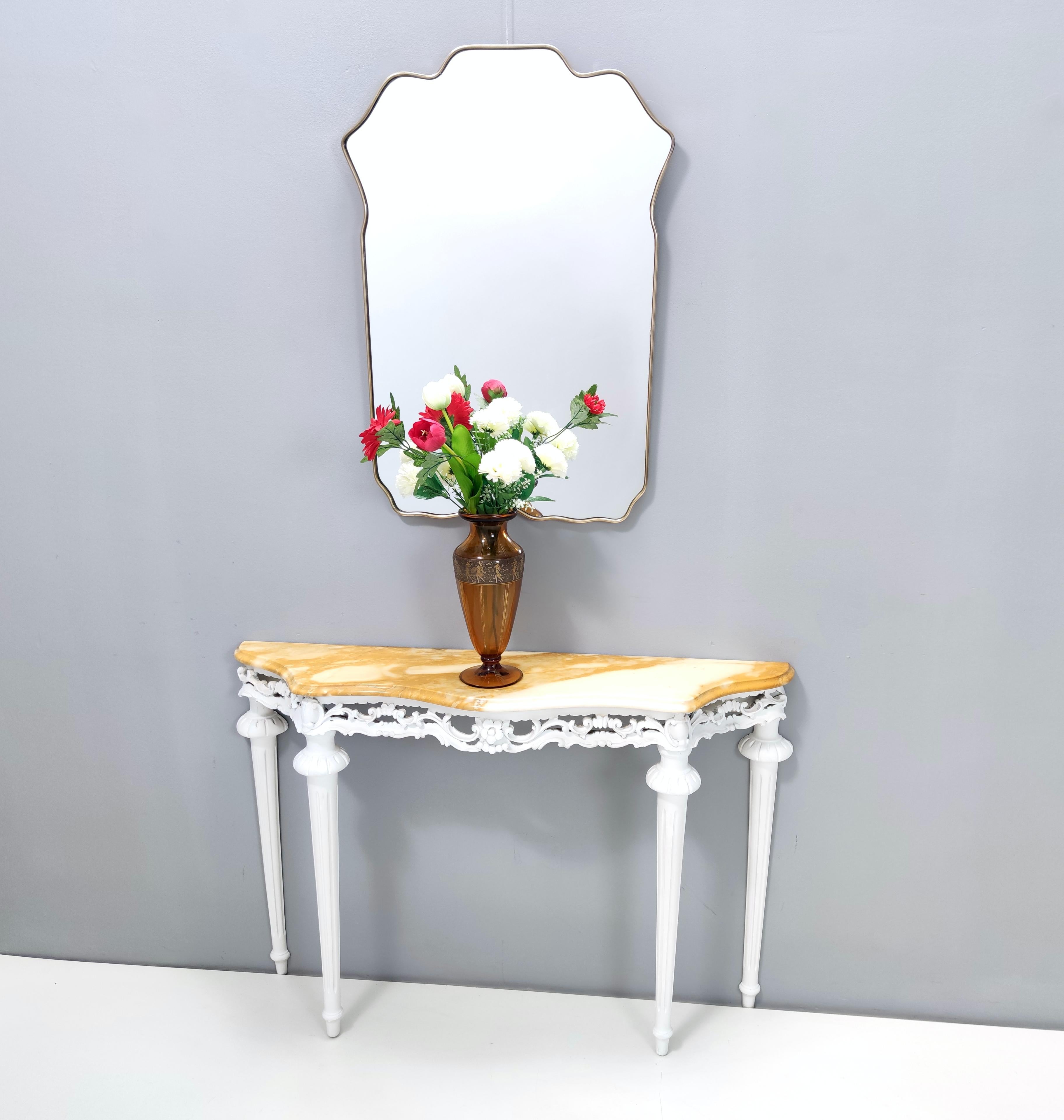 Mid-Century Modern Vintage White Lacquered Beech Console with Yellow Marble Top, Italy For Sale