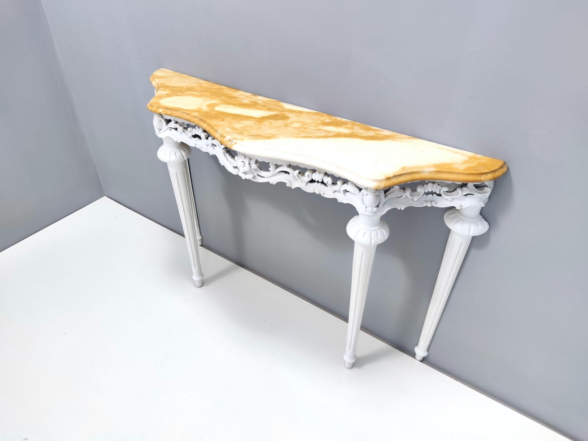 Italian Vintage White Lacquered Beech Console with Yellow Marble Top, Italy For Sale