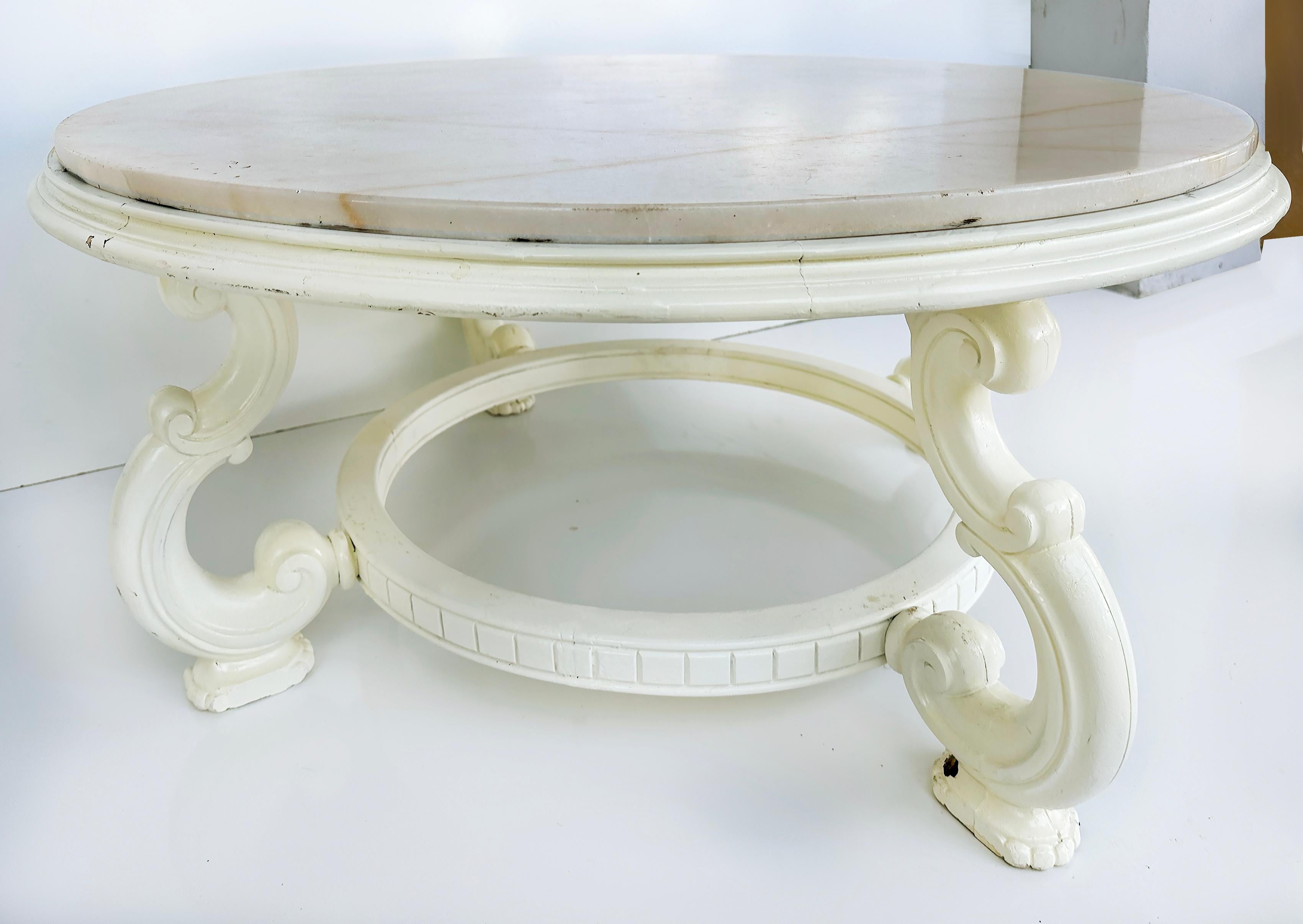 American Vintage White Lacquered Round Marble Top Coffee Table For Sale