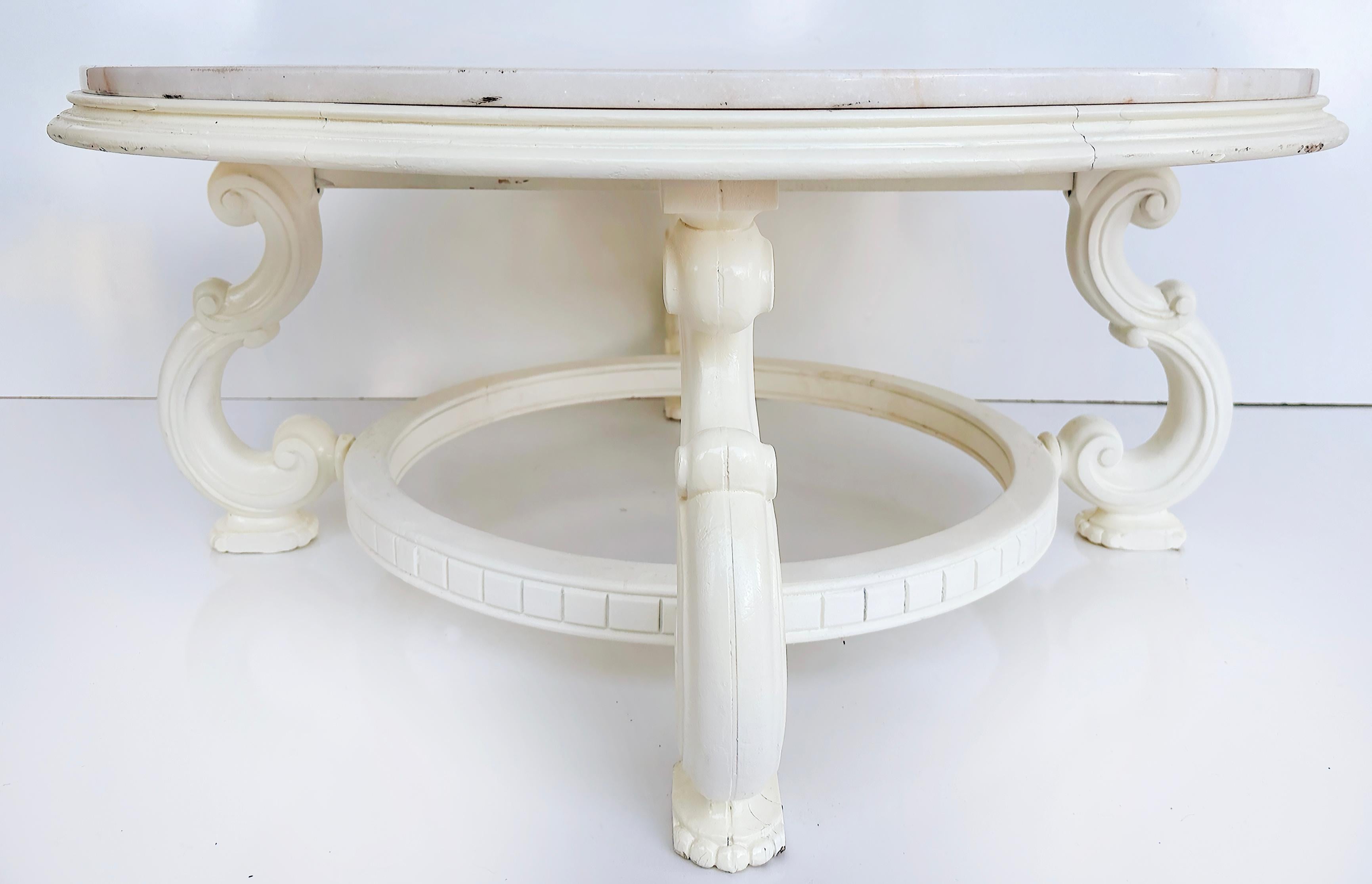20th Century Vintage White Lacquered Round Marble Top Coffee Table For Sale