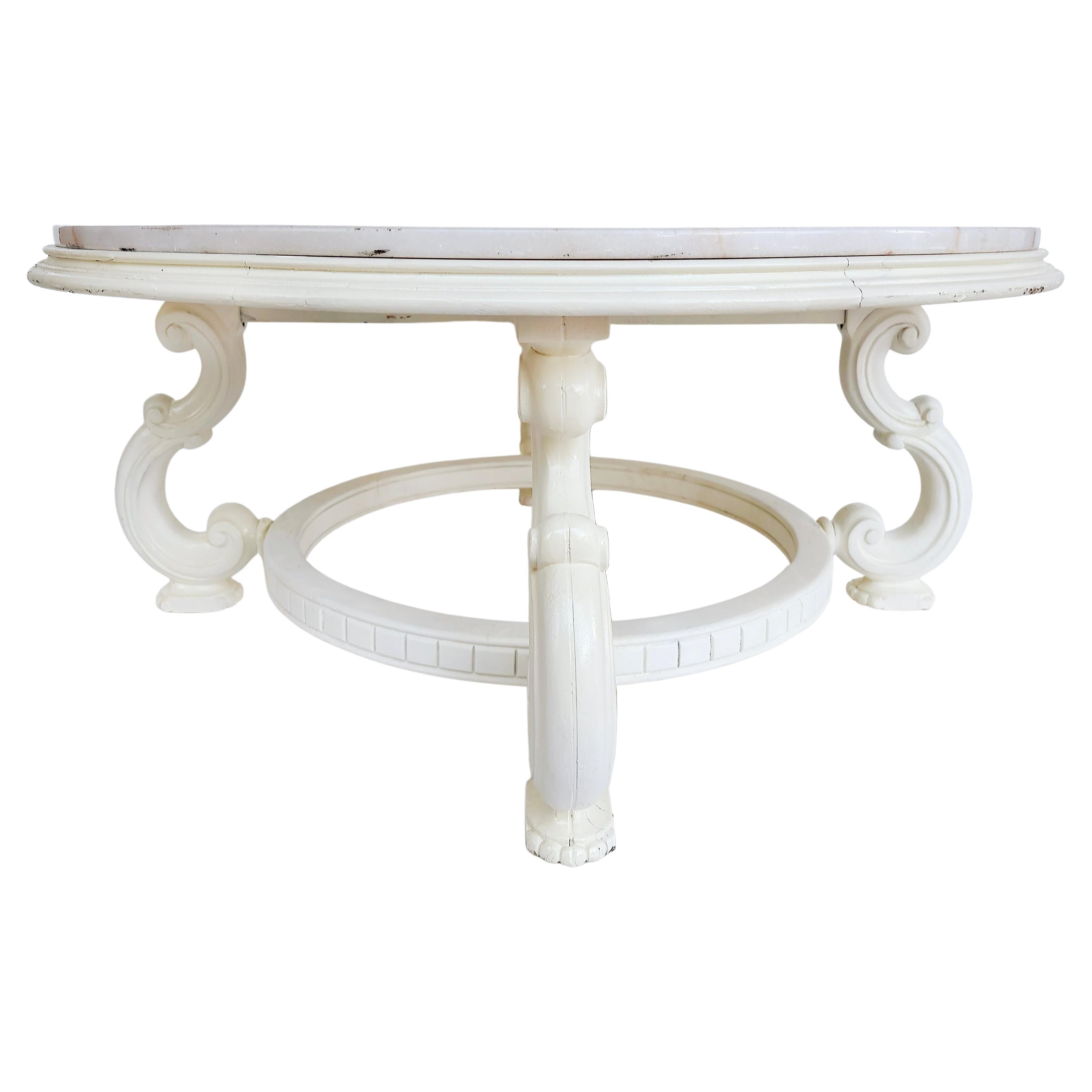 Table basse ronde laquée blanche vintage avec plateau en marbre en vente