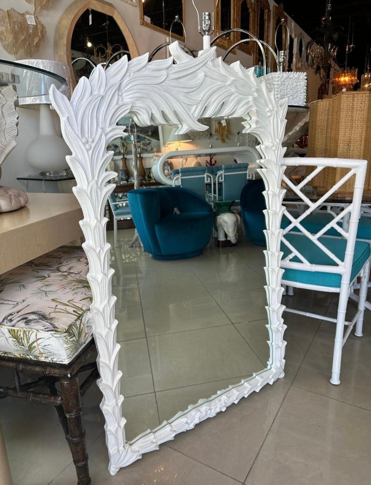 Vintage White Lacquered Serge Roche Style Palm Frond Leaf Leaves Wall Mirror For Sale 4