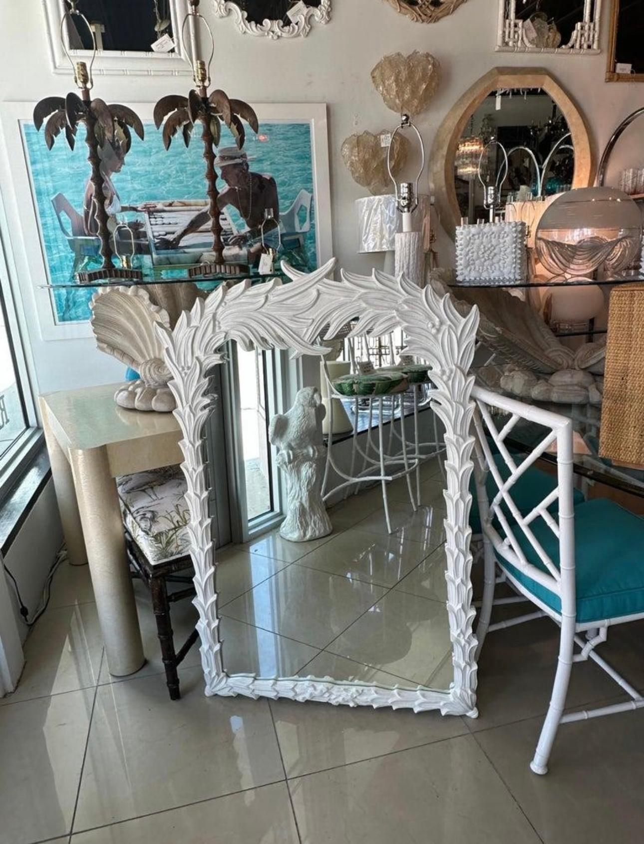 Vintage White Lacquered Serge Roche Style Palm Frond Leaf Leaves Wall Mirror For Sale 5