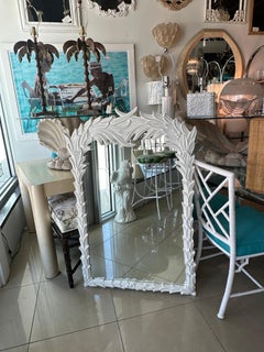 Vintage White Lacquered Serge Roche Style Palm Frond Leaf Leaves Wall Mirror