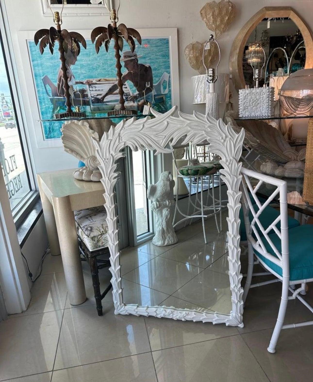 American Vintage White Lacquered Serge Roche Style Palm Frond Leaf Leaves Wall Mirror For Sale