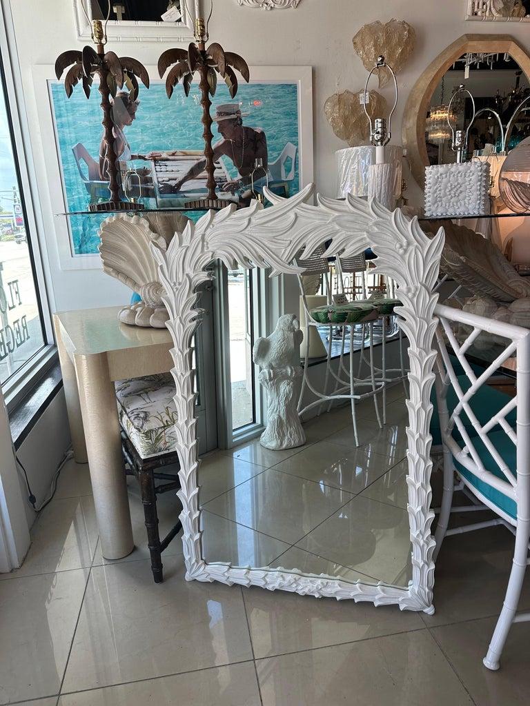 American Vintage White Lacquered Serge Roche Style Palm Frond Leaf Leaves Wall Mirror