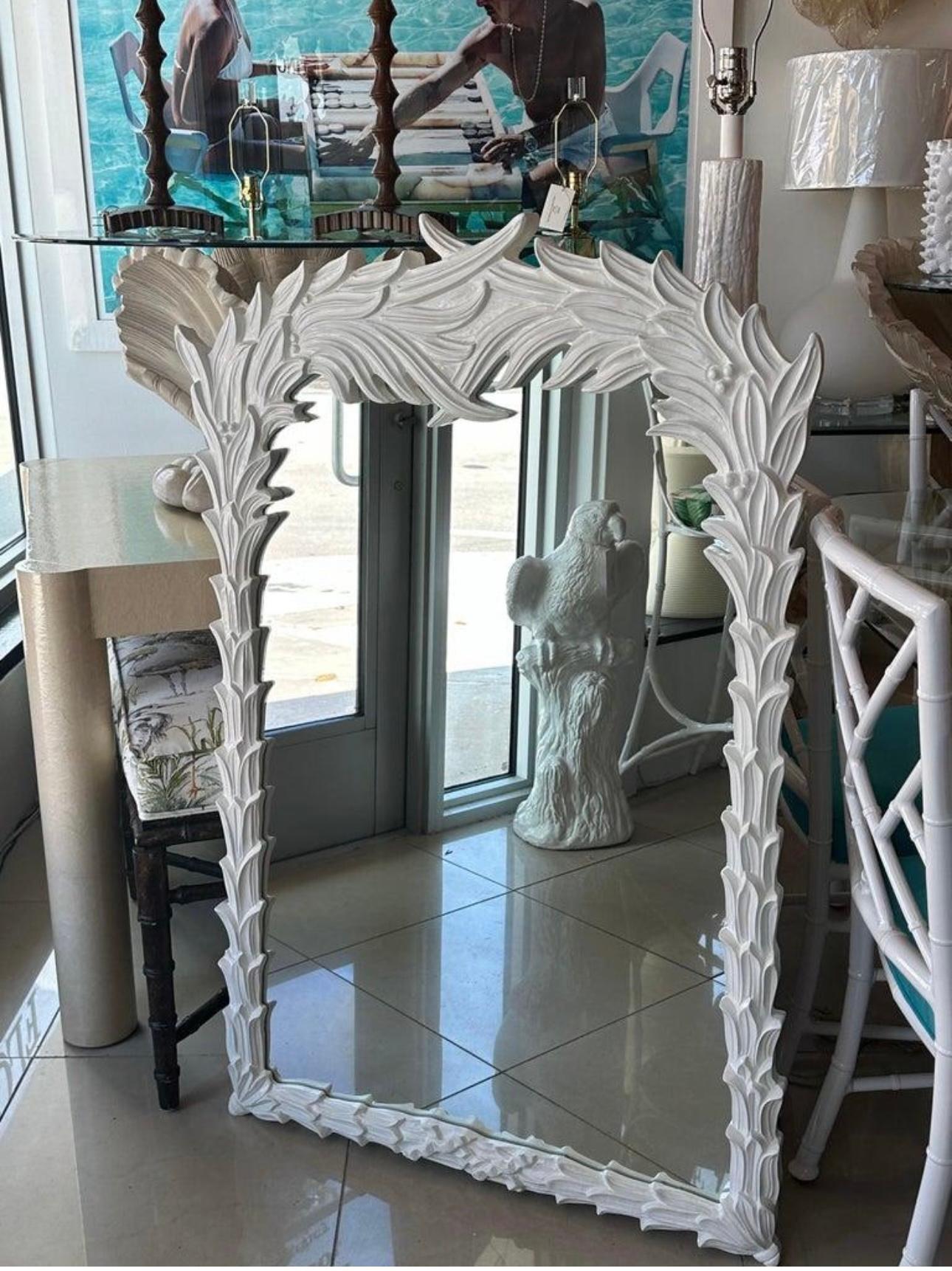 Vintage White Lacquered Serge Roche Style Palm Frond Leaf Leaves Wall Mirror For Sale 1