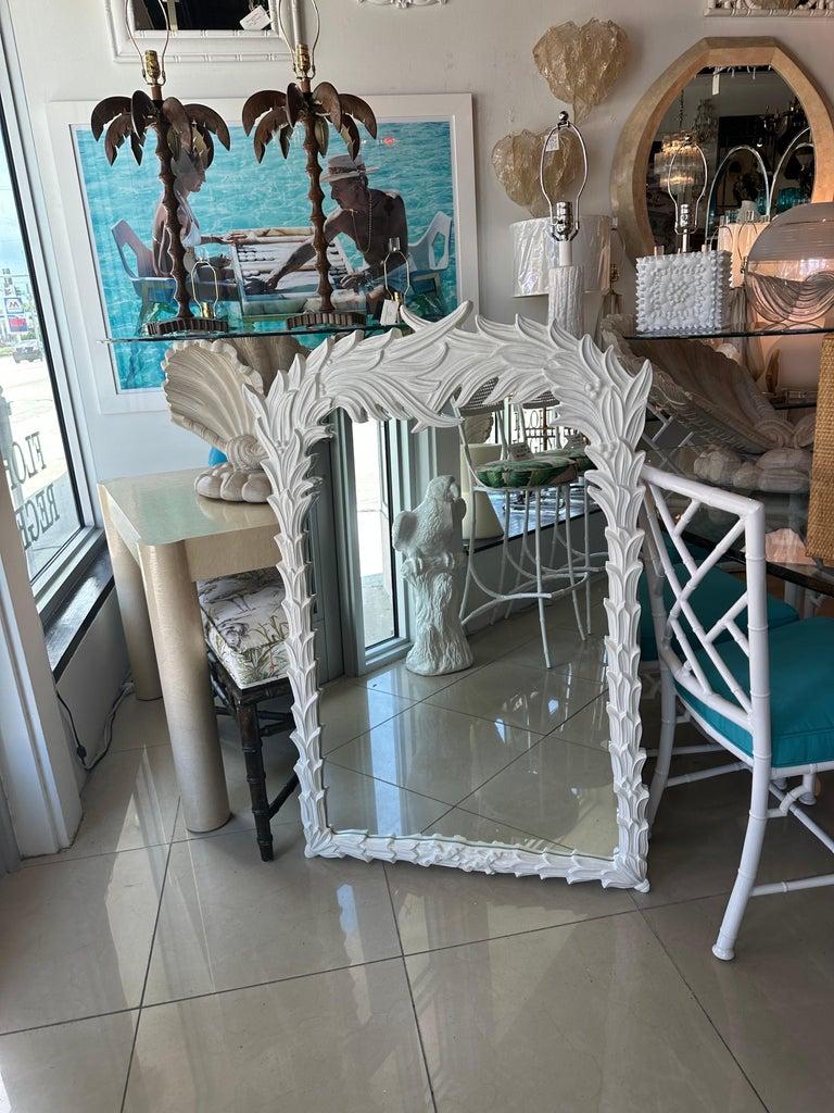 Vintage White Lacquered Serge Roche Style Palm Frond Leaf Leaves Wall Mirror 2