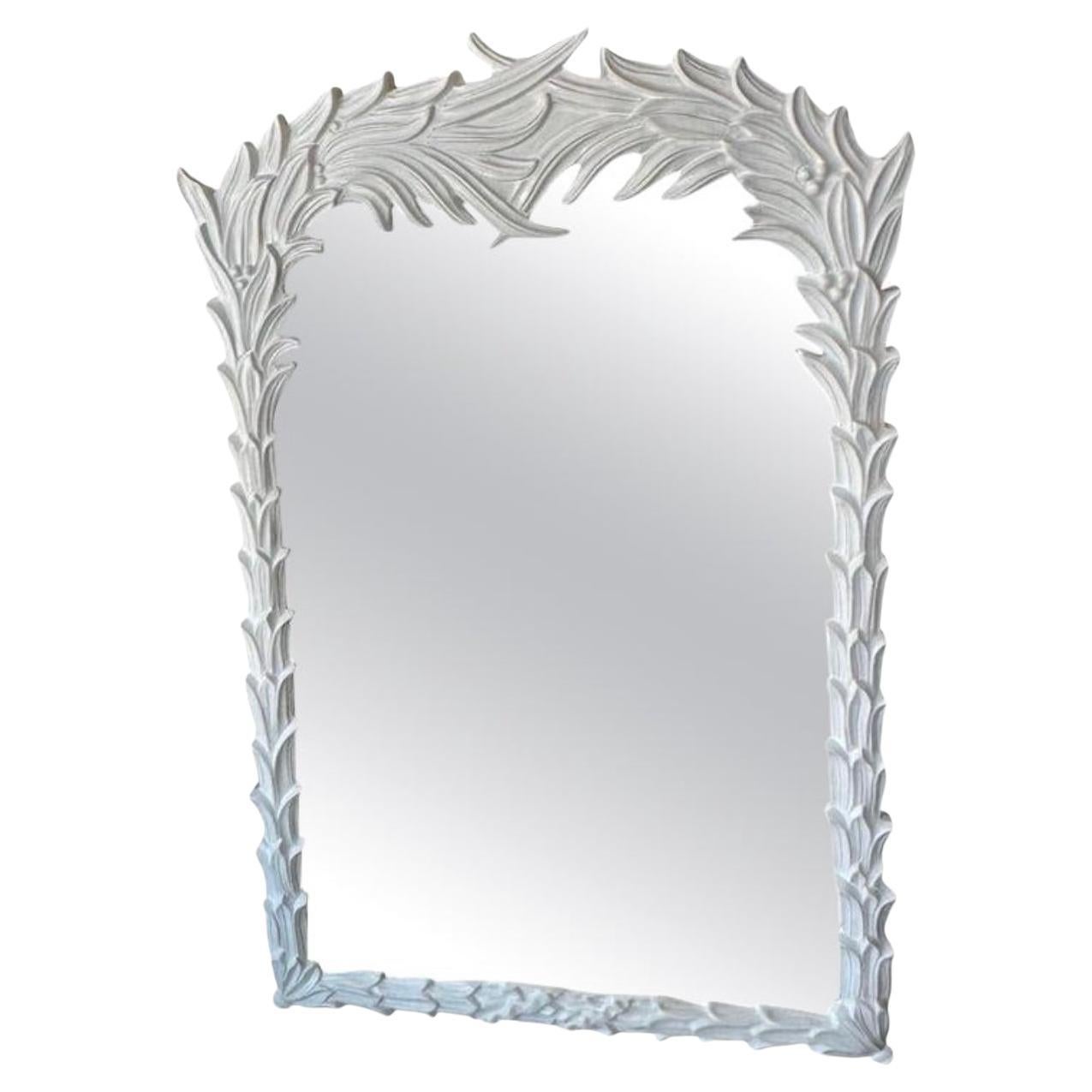 Vintage White Lacquered Serge Roche Style Palm Frond Leaf Leaves Wall Mirror For Sale