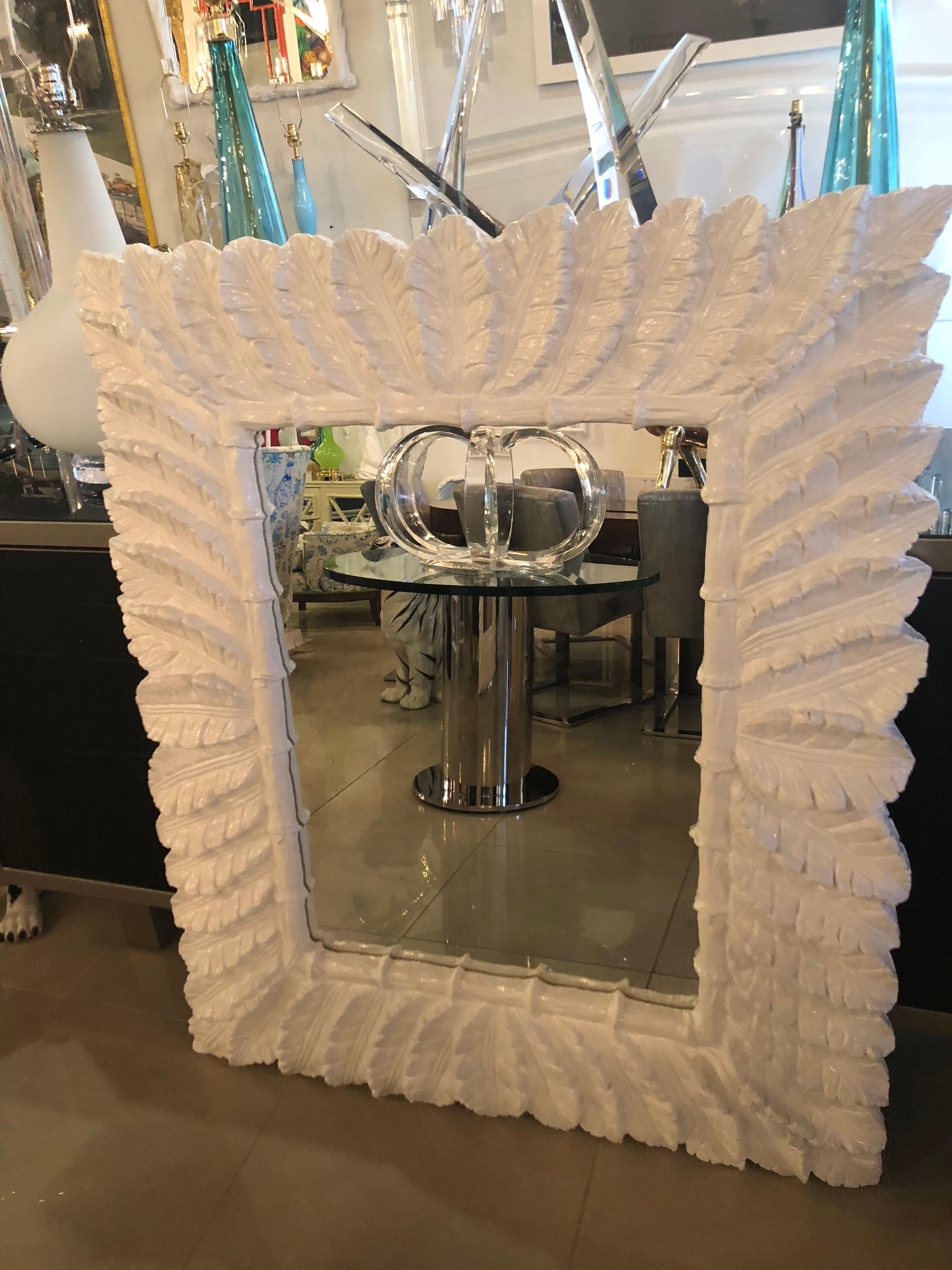 Hollywood Regency White Lacquered Tropical Palm Tree Leaf Wall Mirror Faux Bamboo, Pair Available