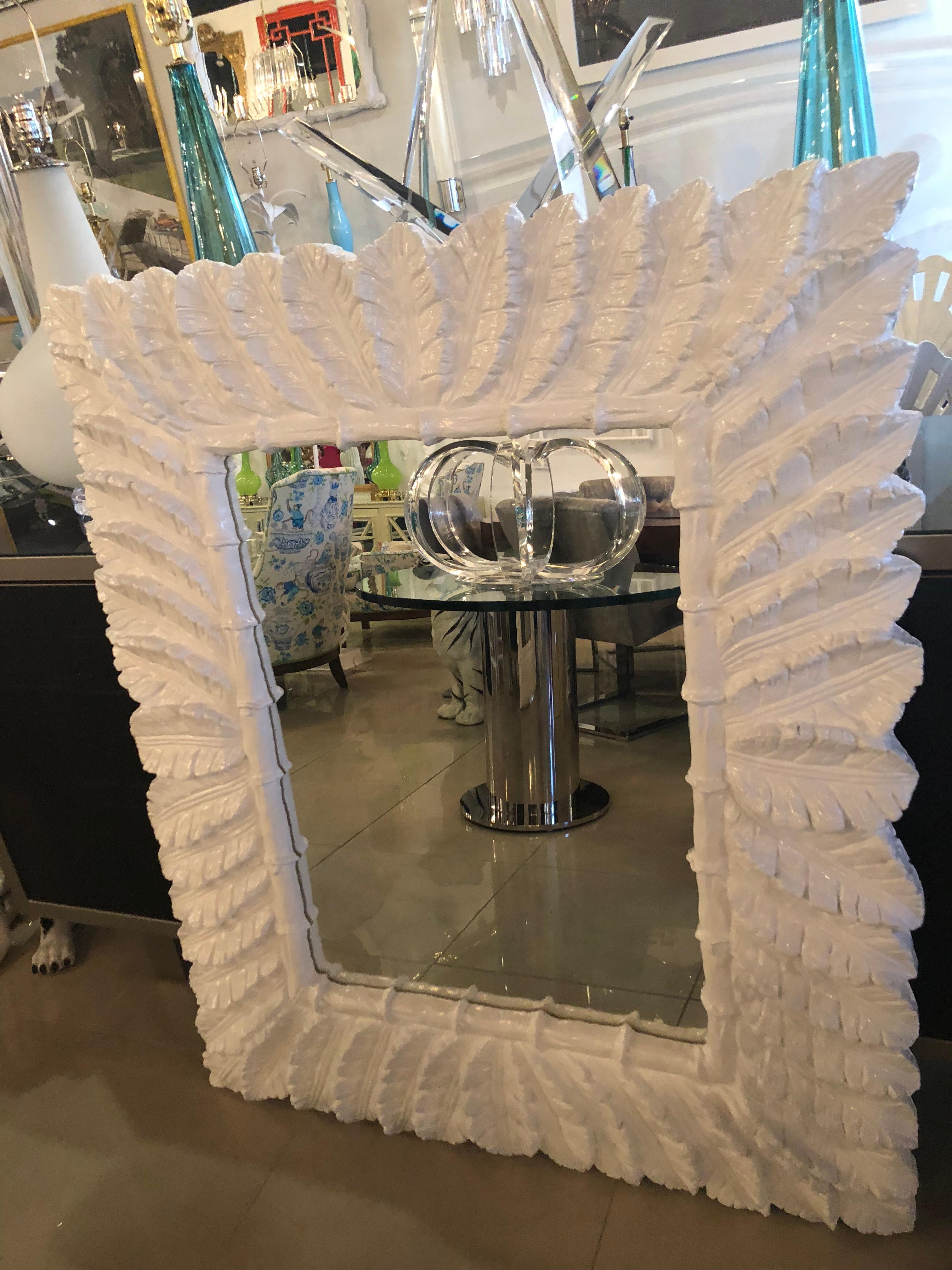 White Lacquered Tropical Palm Tree Leaf Wall Mirror Faux Bamboo, Pair Available In Excellent Condition In West Palm Beach, FL