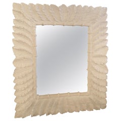 White Lacquered Tropical Palm Tree Leaf Wall Mirror Faux Bamboo, Pair Available
