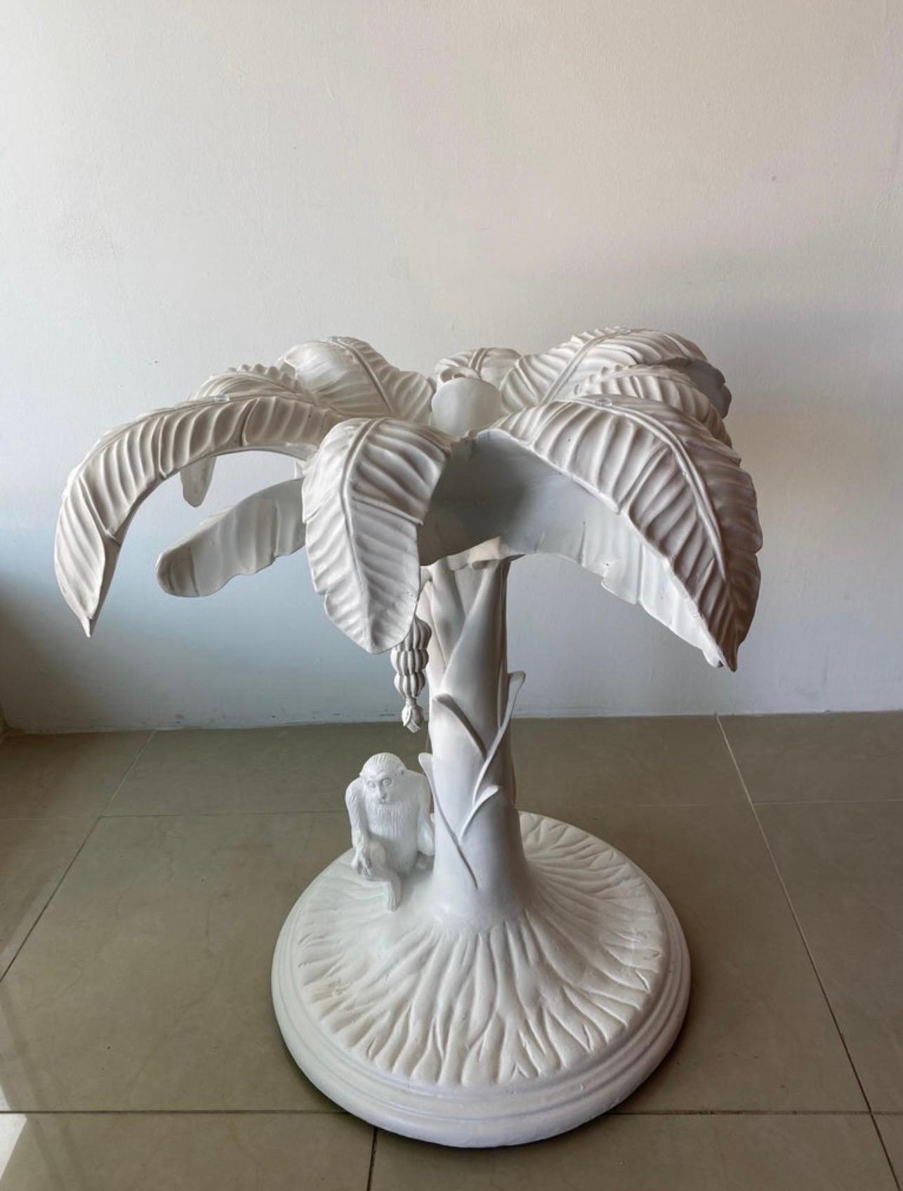 Hollywood Regency Vintage White Lacquered Tropical Palm Tree Leaf Monkey Dining Entry Center Table