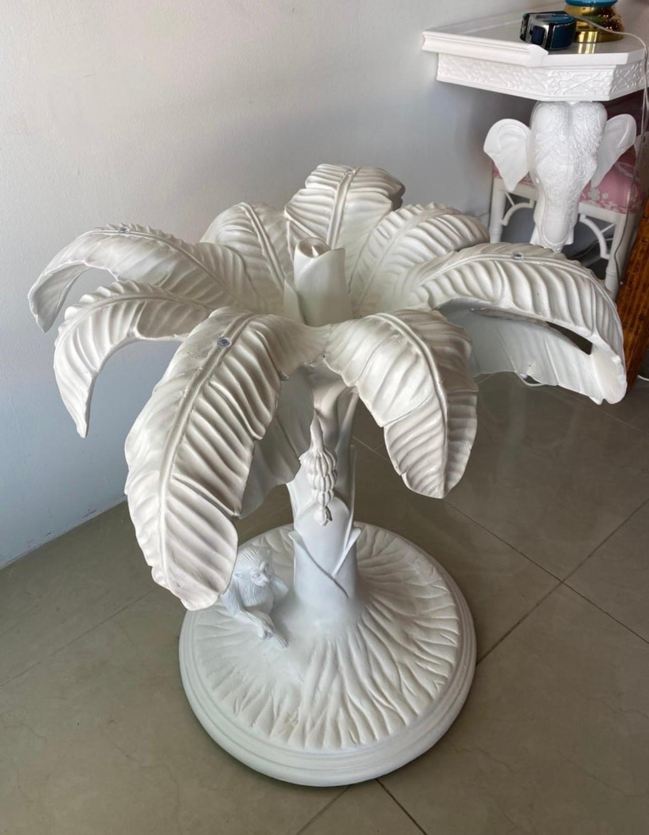 Vintage White Lacquered Tropical Palm Tree Leaf Monkey Dining Entry Center Table In Good Condition In West Palm Beach, FL