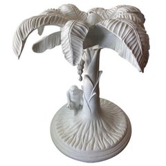 Vintage White Lacquered Tropical Palm Tree Leaf Monkey Dining Entry Center Table