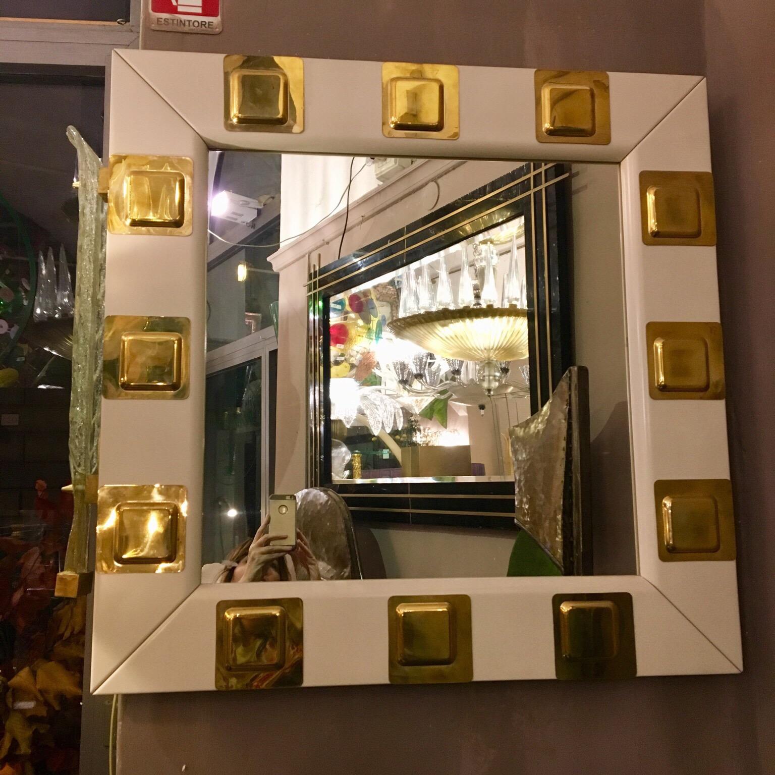 Modern Vintage White Lacquered Wood and Brass Italian Square Mirror, 1970s