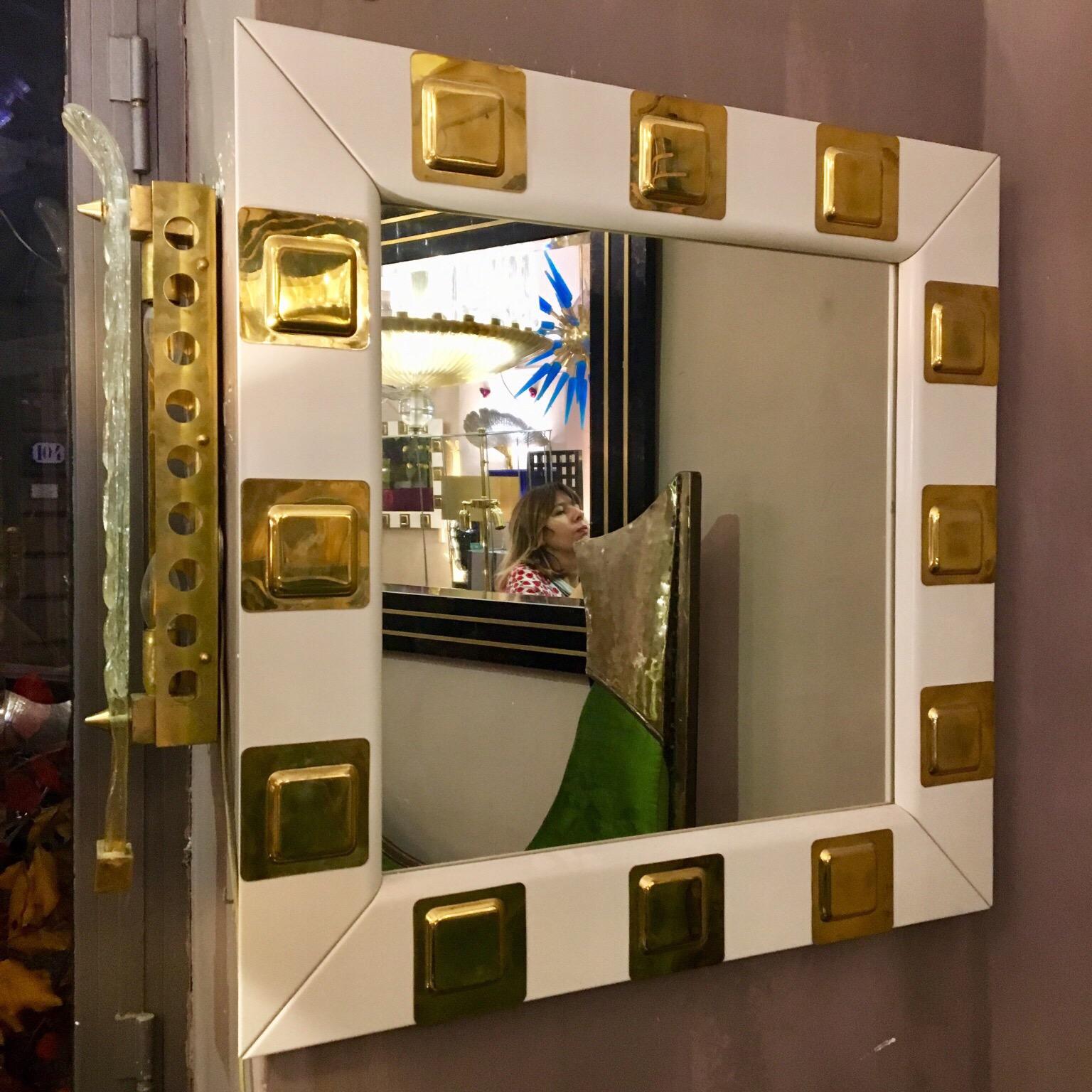 Late 20th Century Vintage White Lacquered Wood and Brass Italian Square Mirror, 1970s