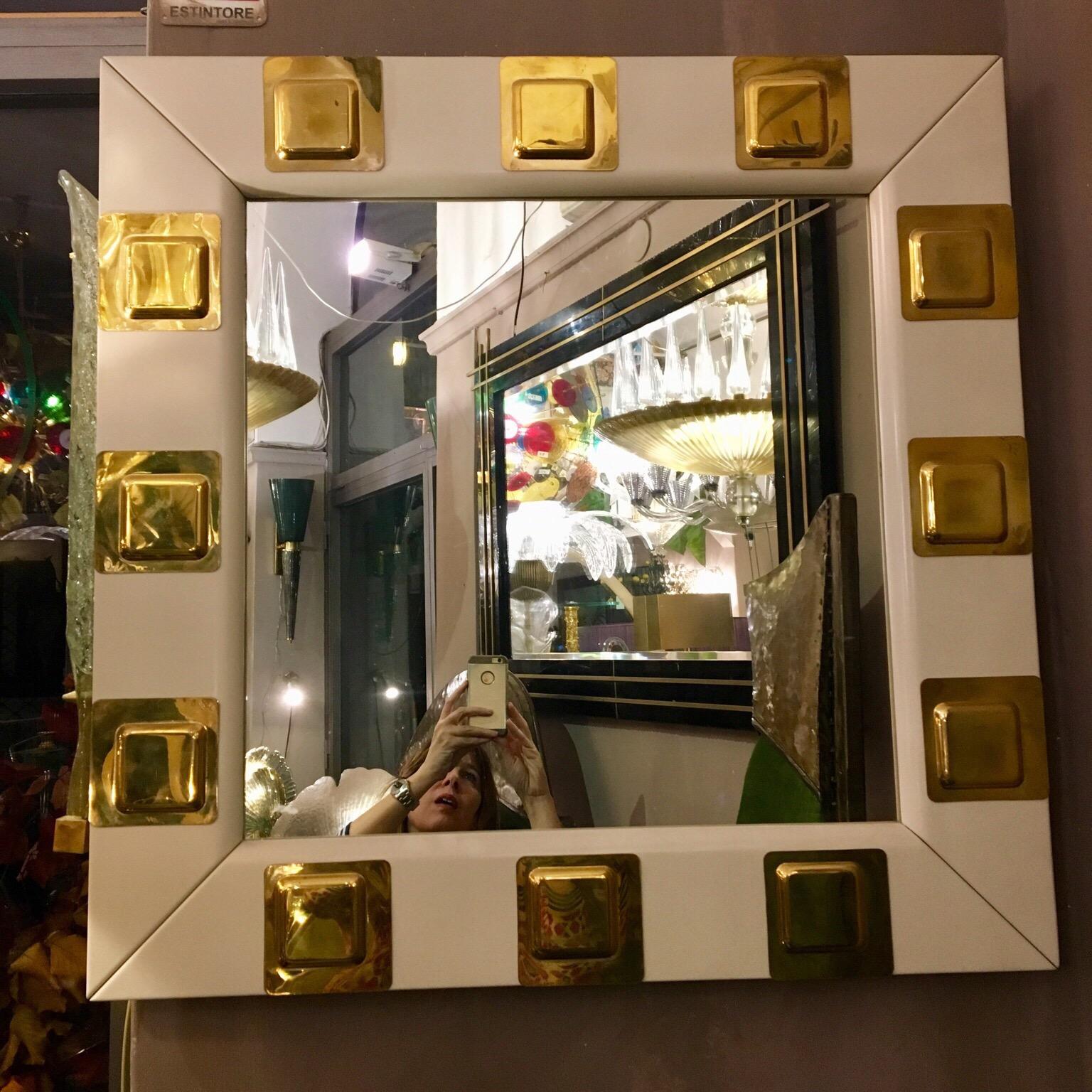 Vintage White Lacquered Wood and Brass Italian Square Mirror, 1970s 1