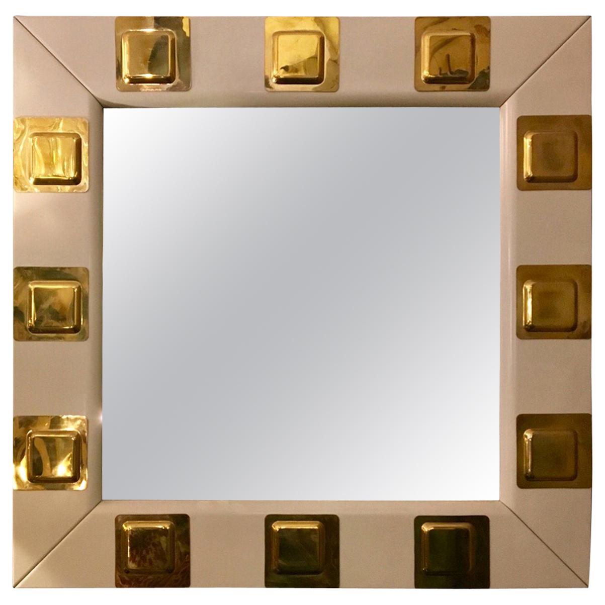 Vintage White Lacquered Wood and Brass Italian Square Mirror, 1970s