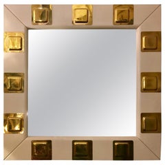 Vintage White Lacquered Wood and Brass Italian Square Mirror, 1970s