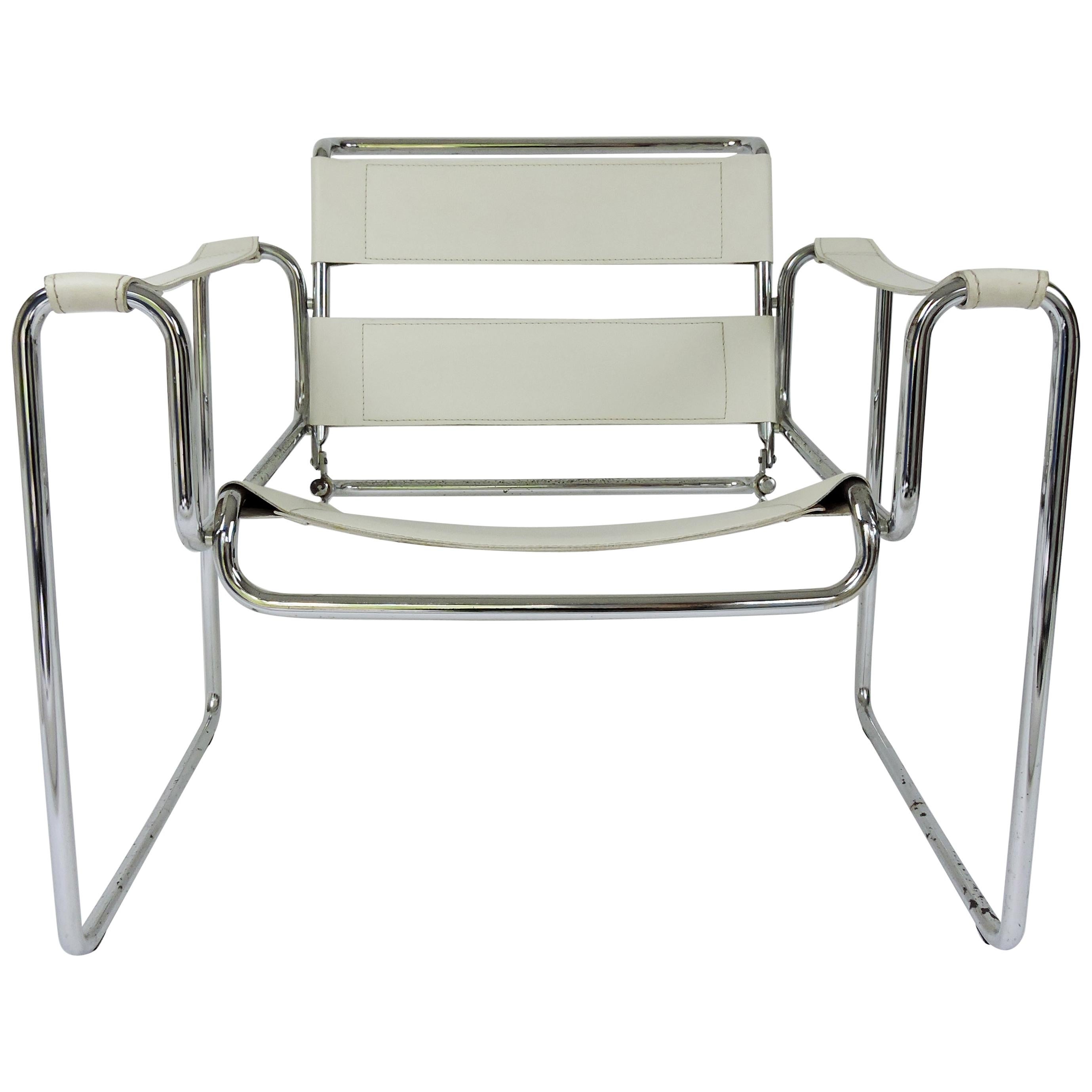 Vintage White Leather and Chrome Armchair, 1970s For Sale