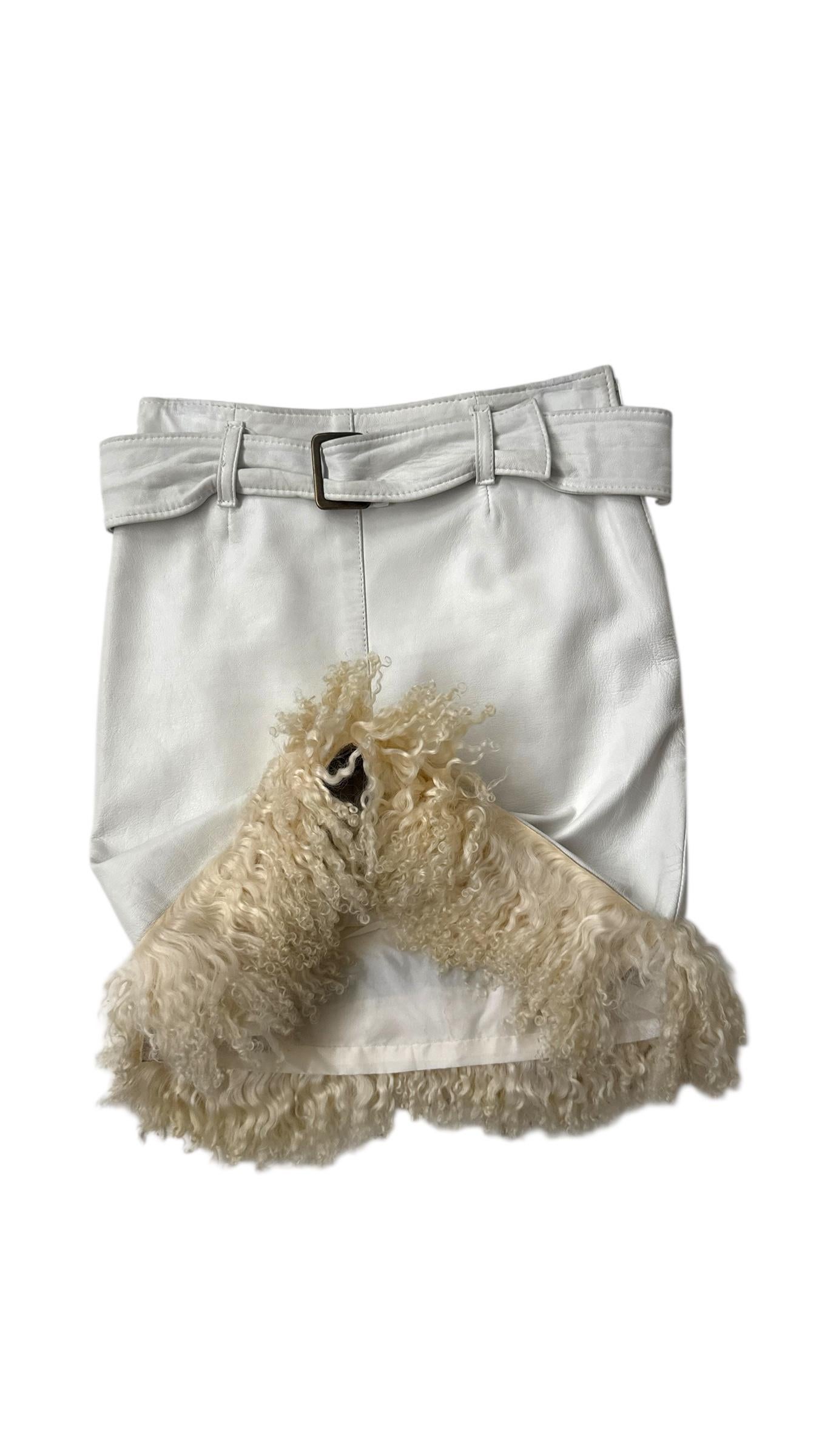 Vintage White Leather Mini Skirt with Shearling Hem - We pay for import duty! For Sale 5