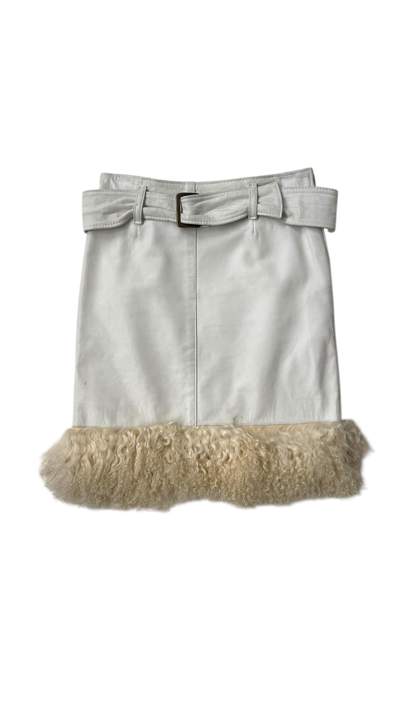 Vintage White Leather Mini Skirt with Shearling Hem - We pay for import duty! For Sale 8