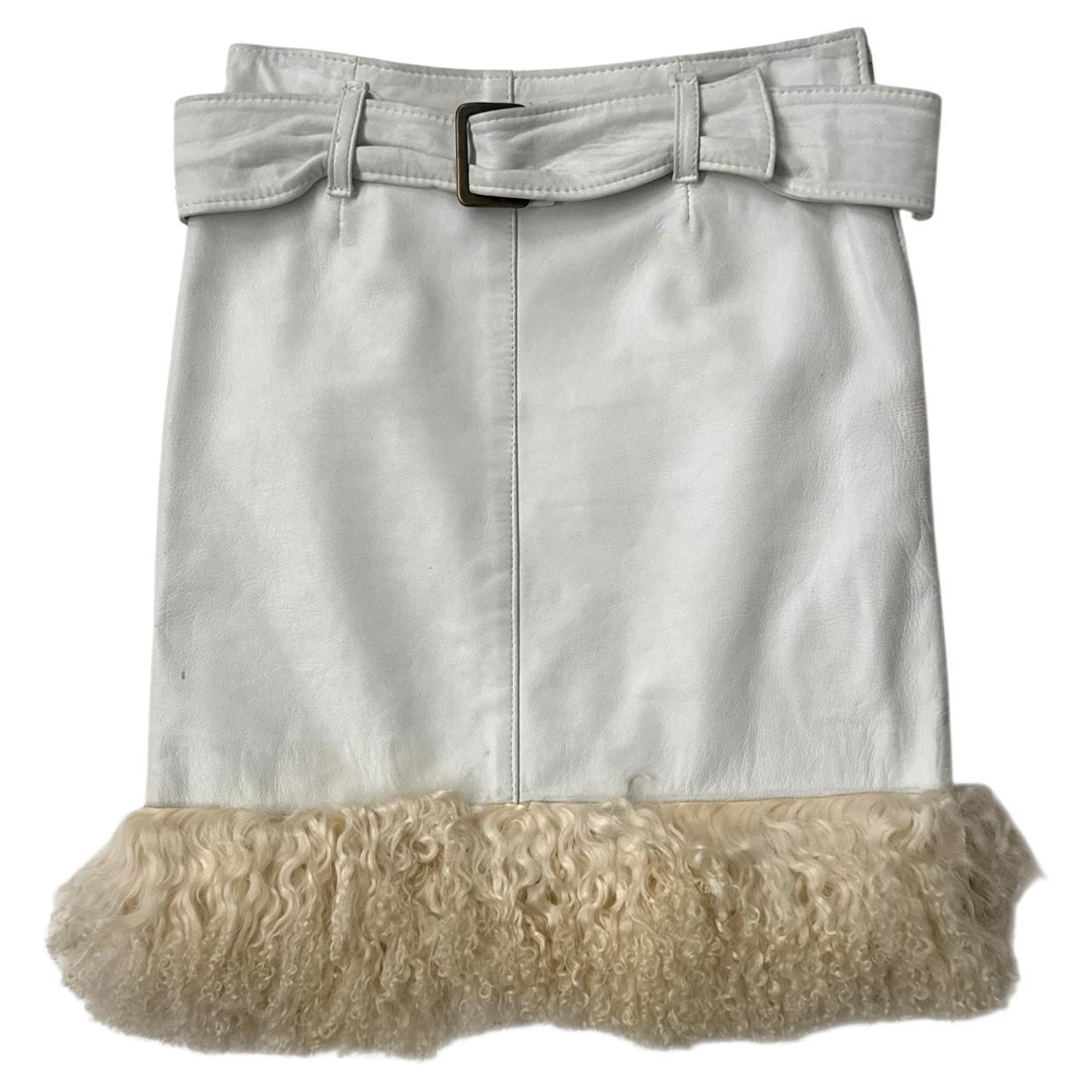 Vintage White Leather Mini Skirt with Shearling Hem - We pay for import duty! For Sale