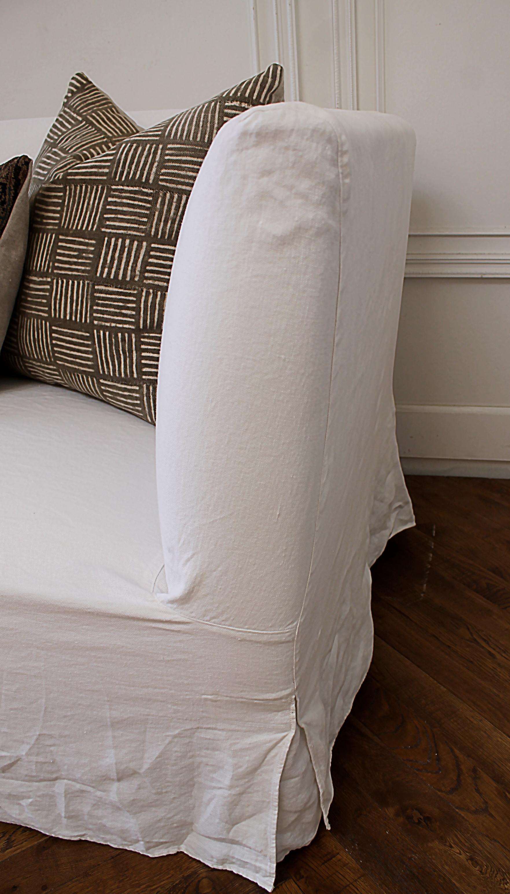 Vintage White Linen Slip Covered Shelter Arm Modern Sofa 6