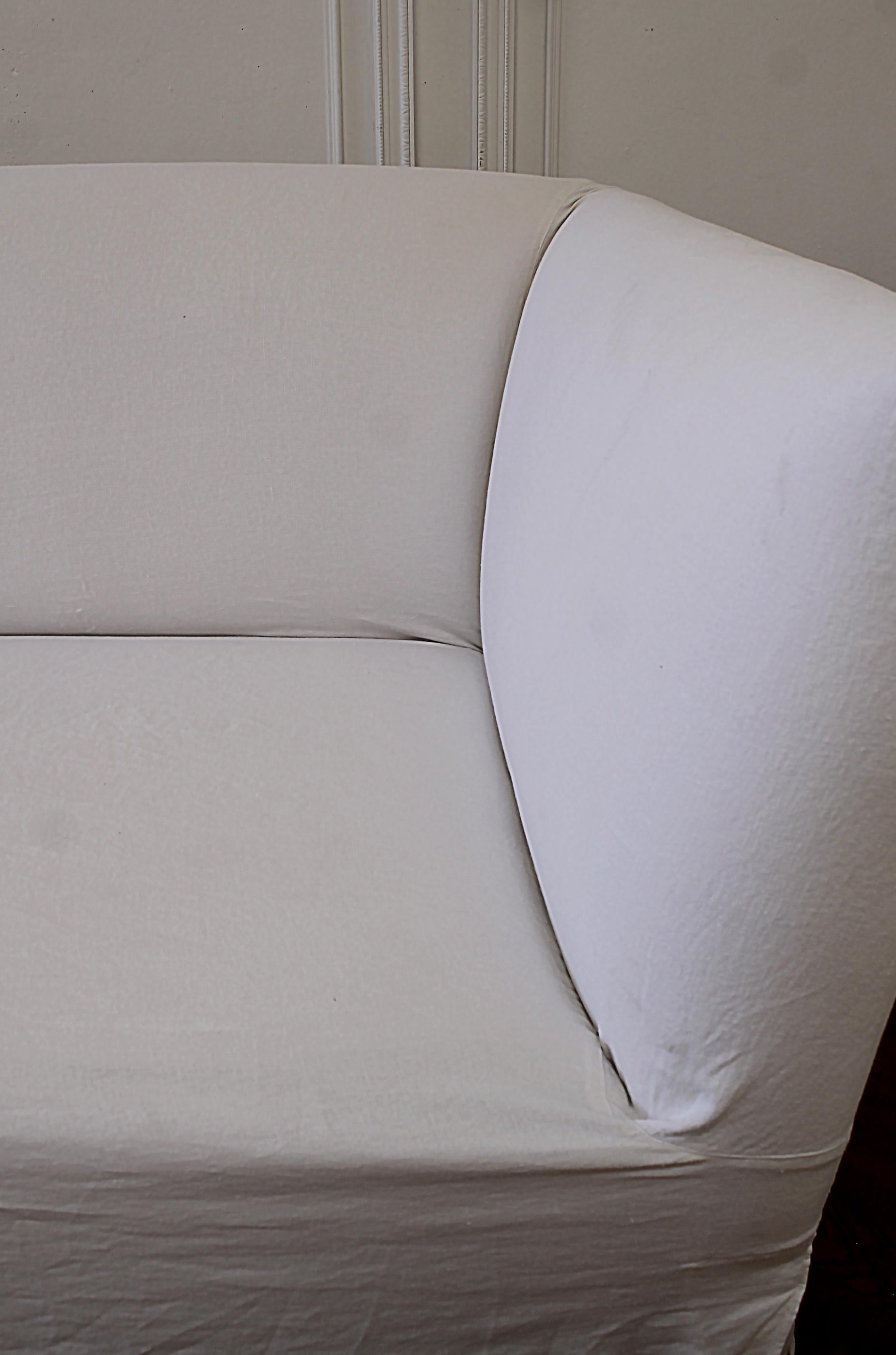 Vintage White Linen Slip Covered Shelter Arm Modern Sofa 8