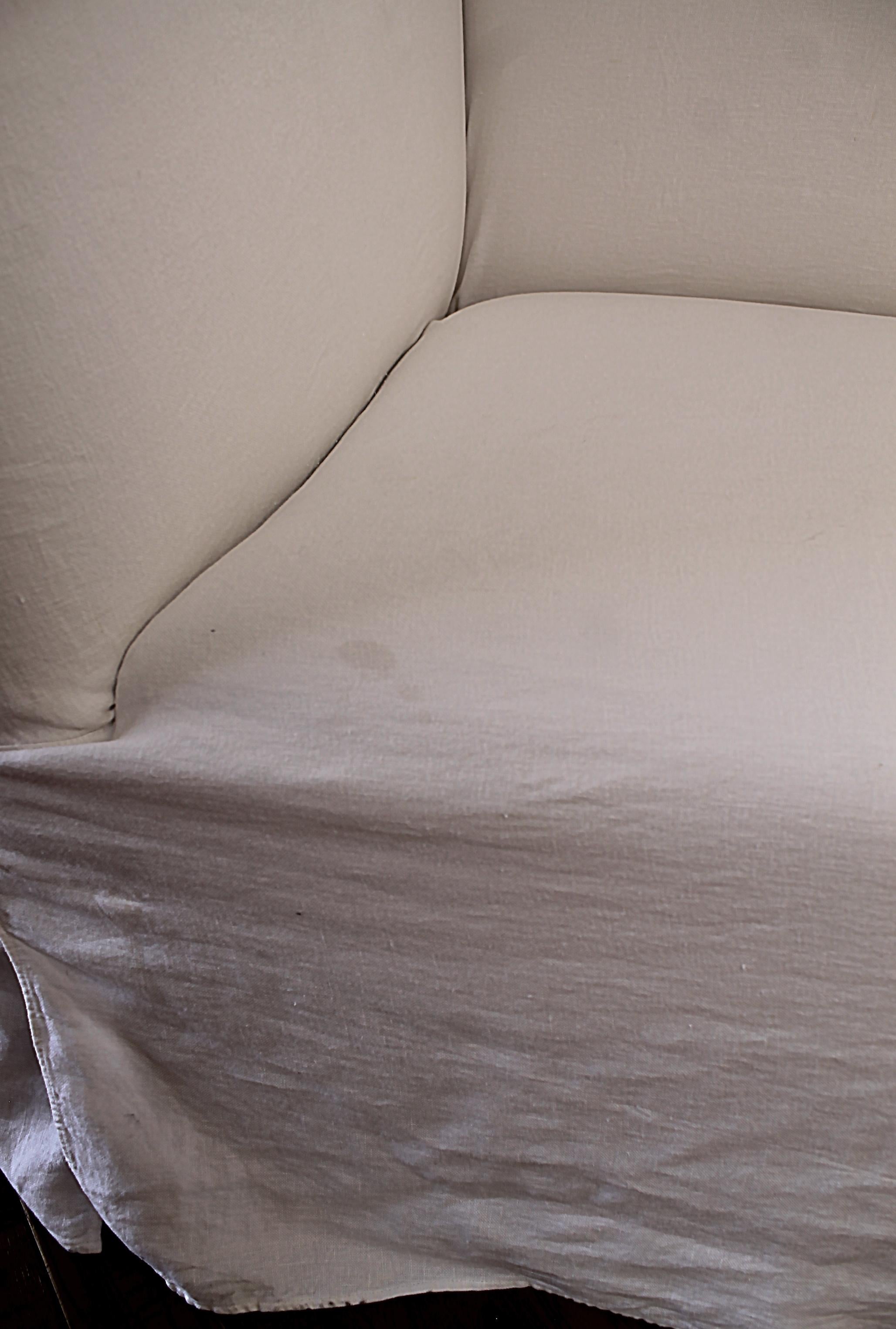 Vintage White Linen Slip Covered Shelter Arm Modern Sofa 9