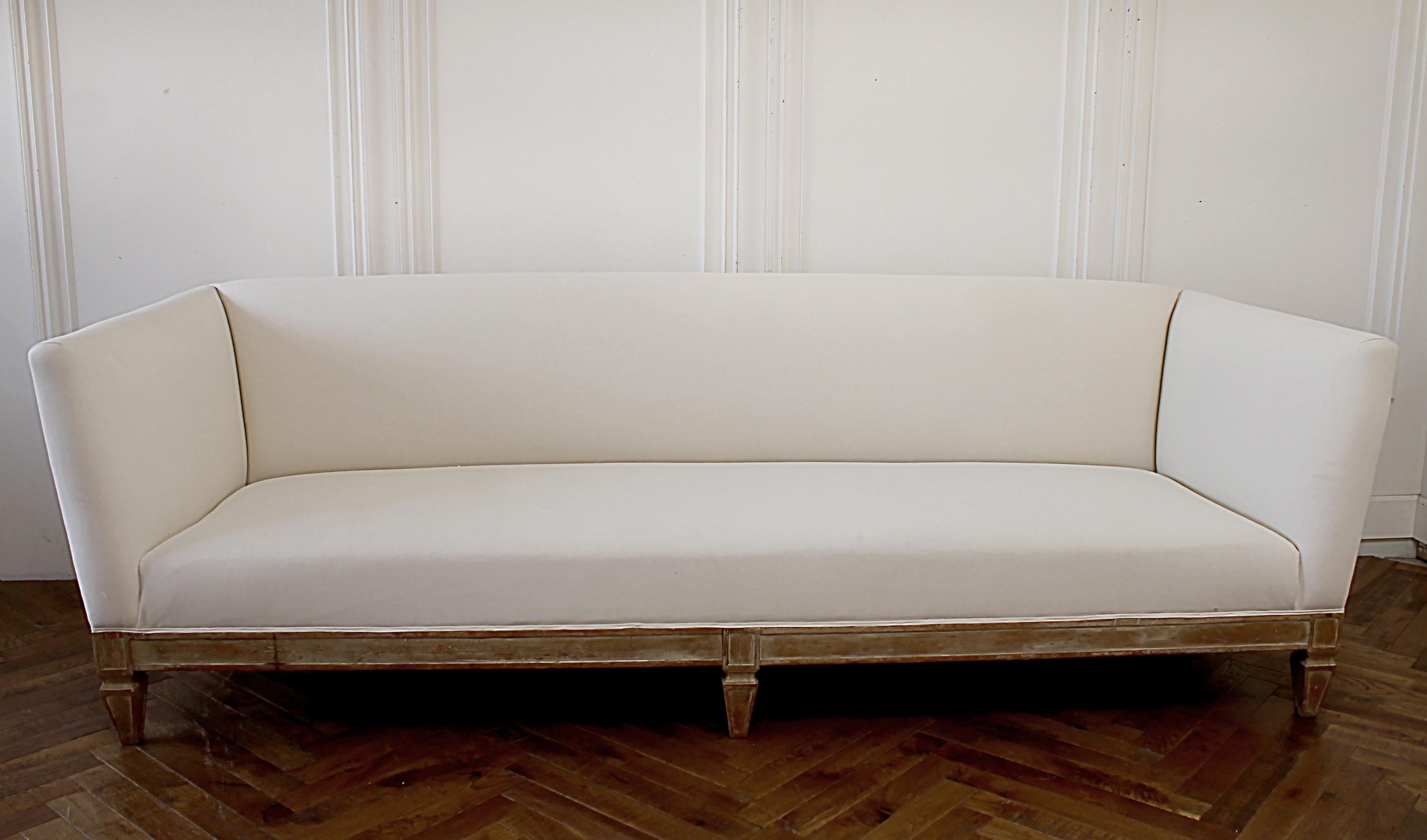 Vintage White Linen Slip Covered Shelter Arm Modern Sofa 12