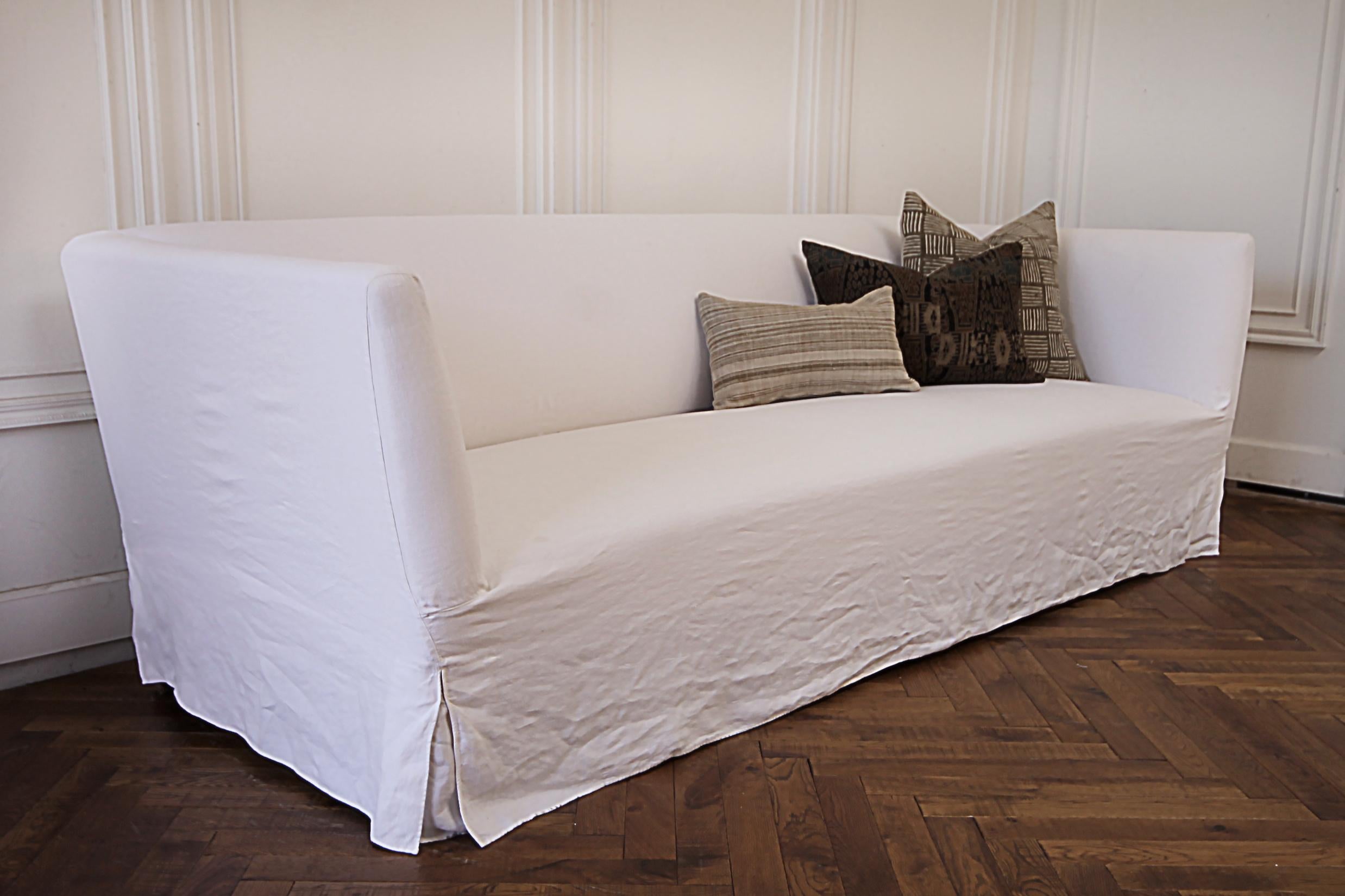 20th Century Vintage White Linen Slip Covered Shelter Arm Modern Sofa