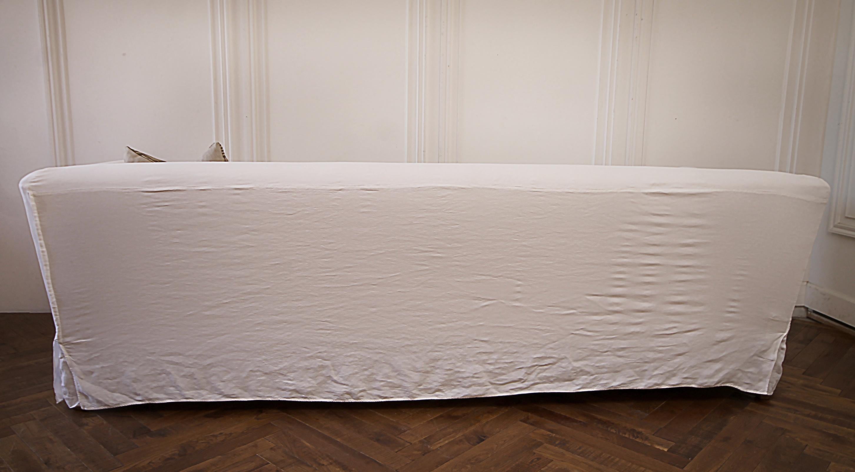 Vintage White Linen Slip Covered Shelter Arm Modern Sofa 1
