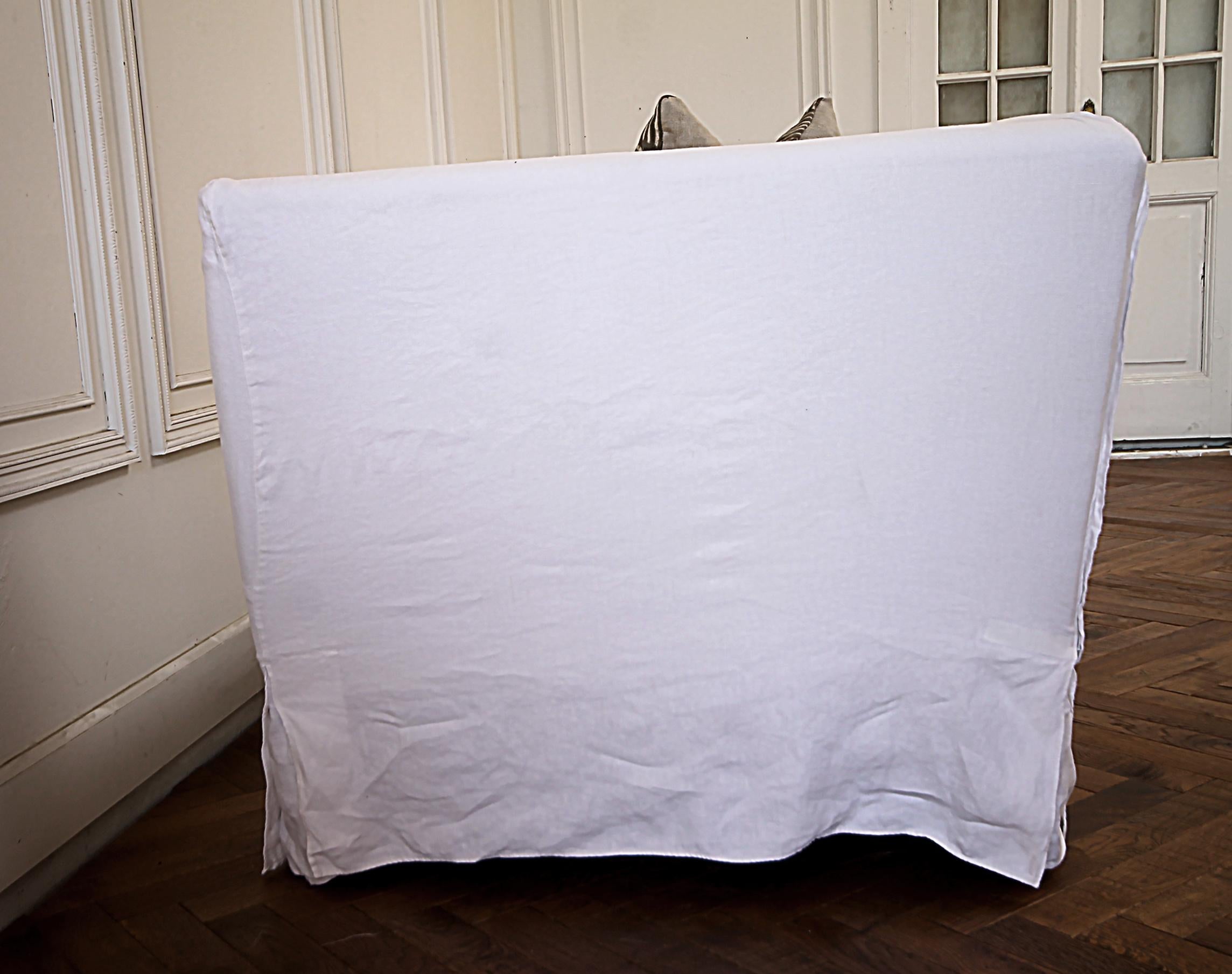 Vintage White Linen Slip Covered Shelter Arm Modern Sofa 2
