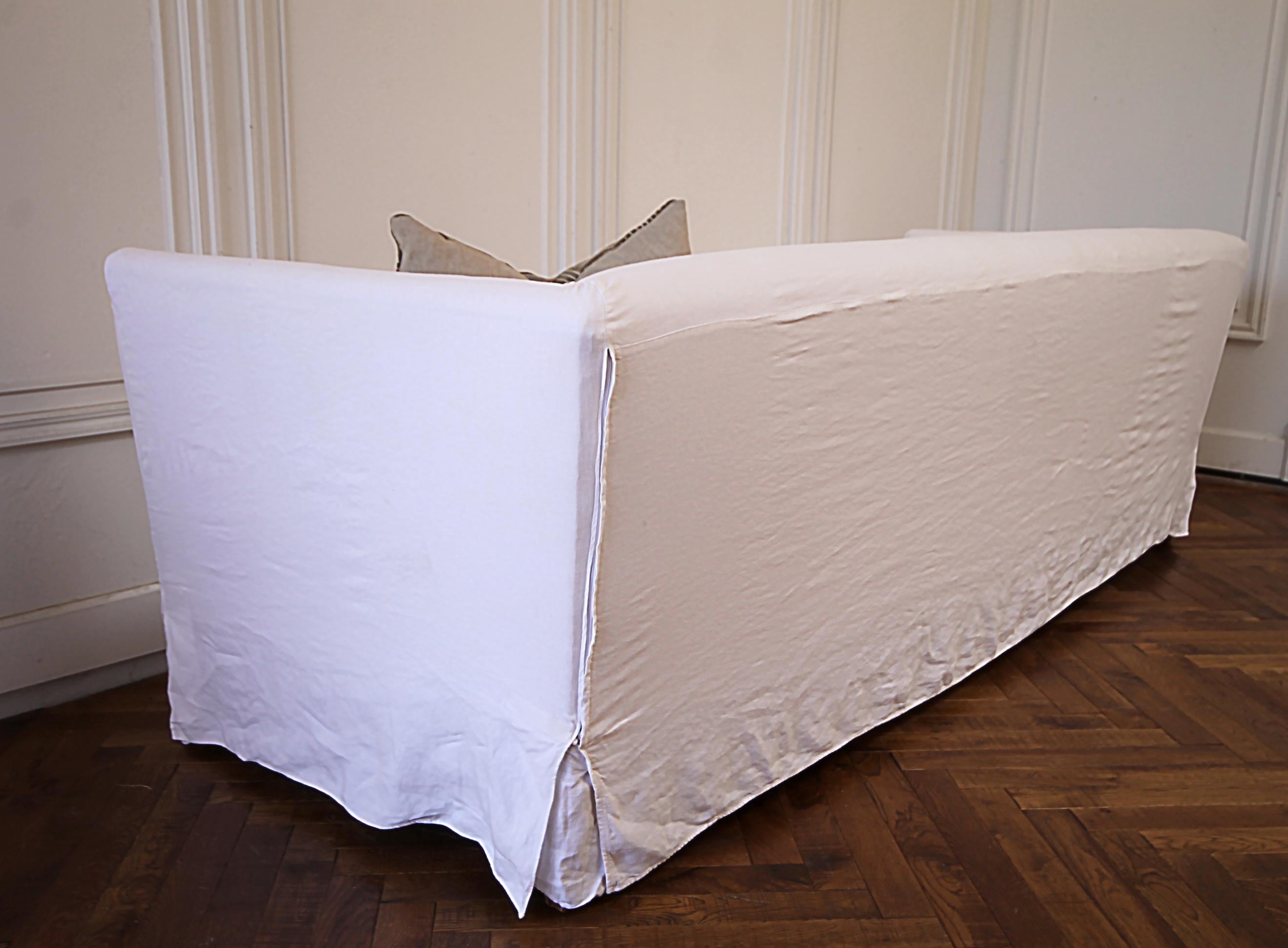 Vintage White Linen Slip Covered Shelter Arm Modern Sofa 3