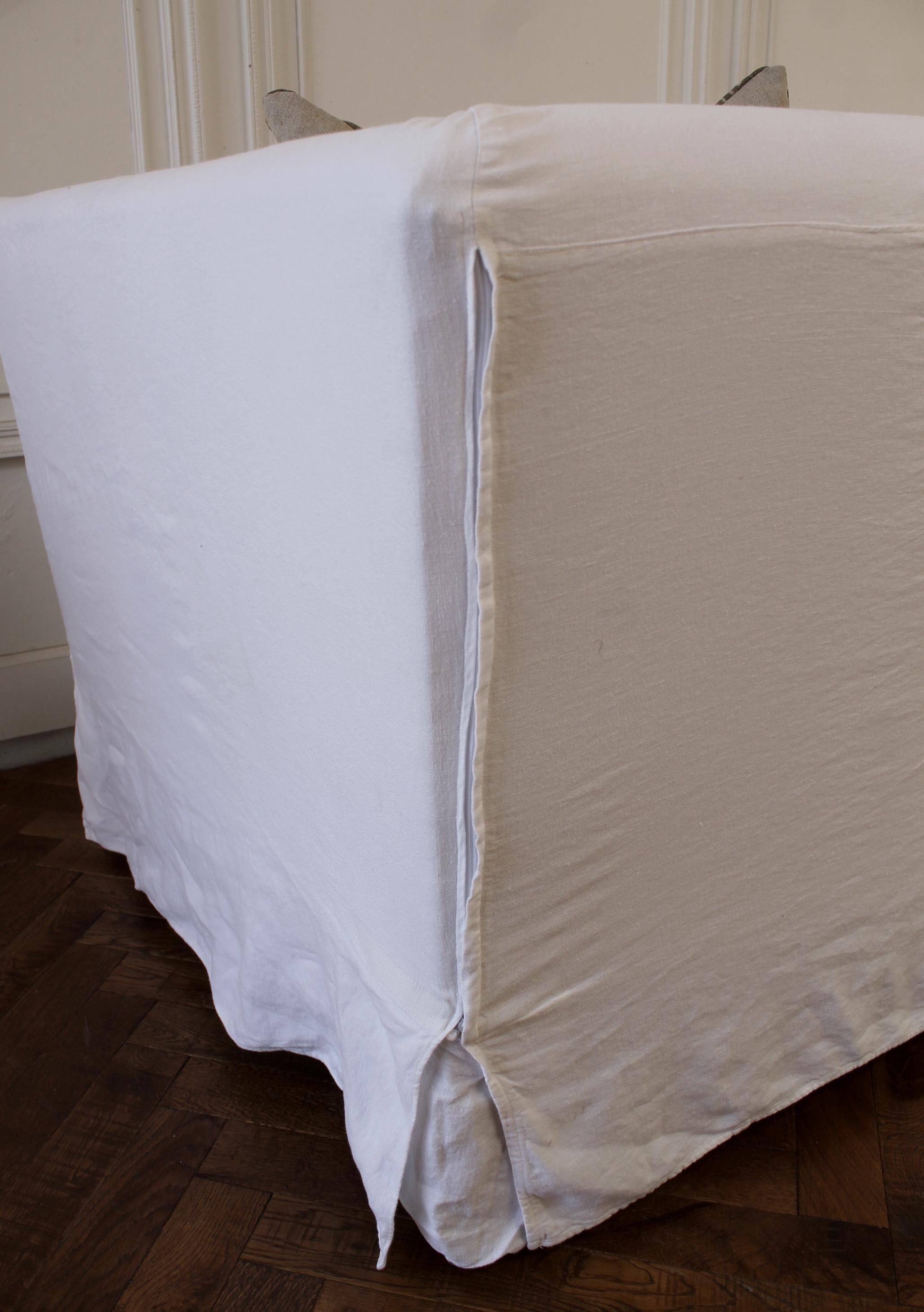 Vintage White Linen Slip Covered Shelter Arm Modern Sofa 4