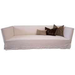 Vintage White Linen Slip Covered Shelter Arm Modern Sofa