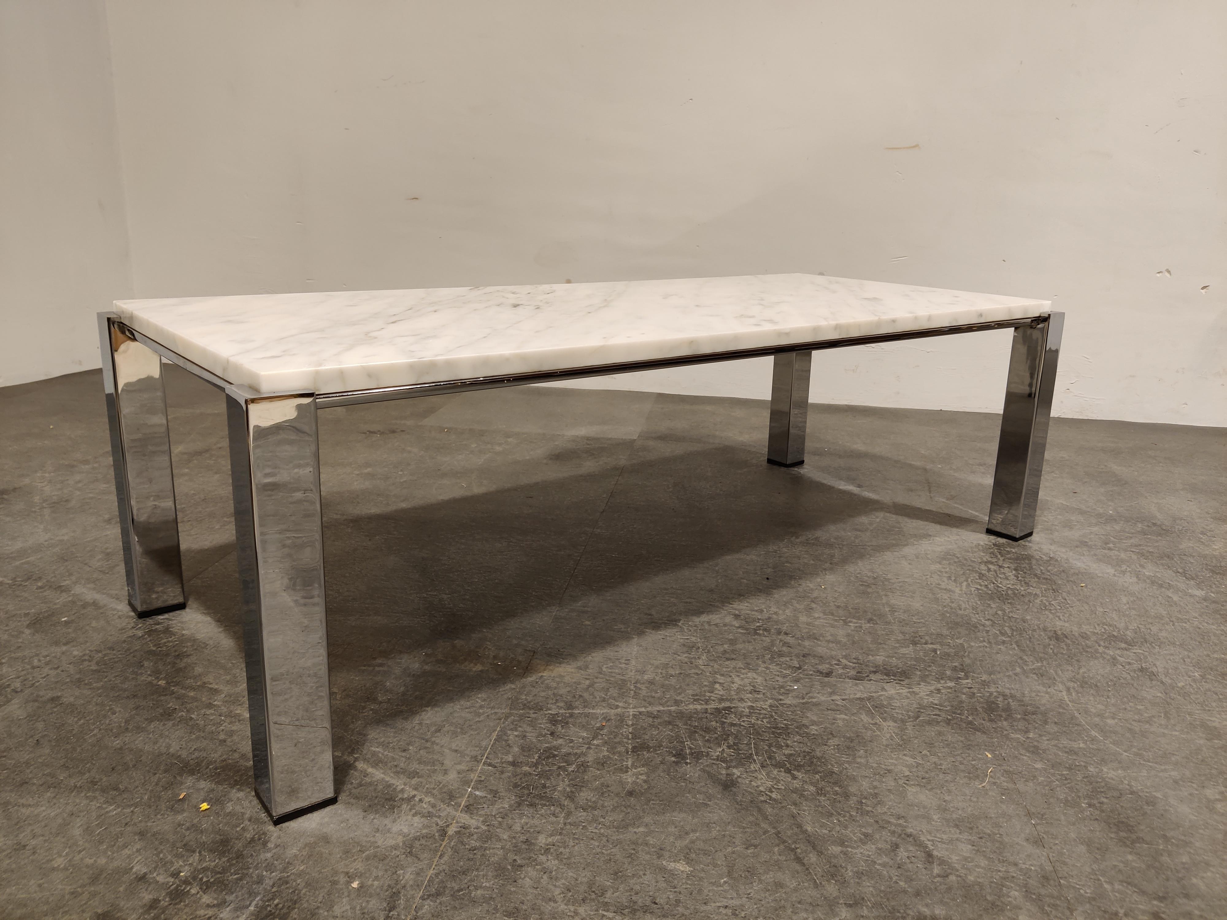 Vintage white marble coffee table with a chromed metal base.

Timeless piece to be combined with most interiors.

Good condition

1970s - Italy 

Measures: Height: 35cm/13.77