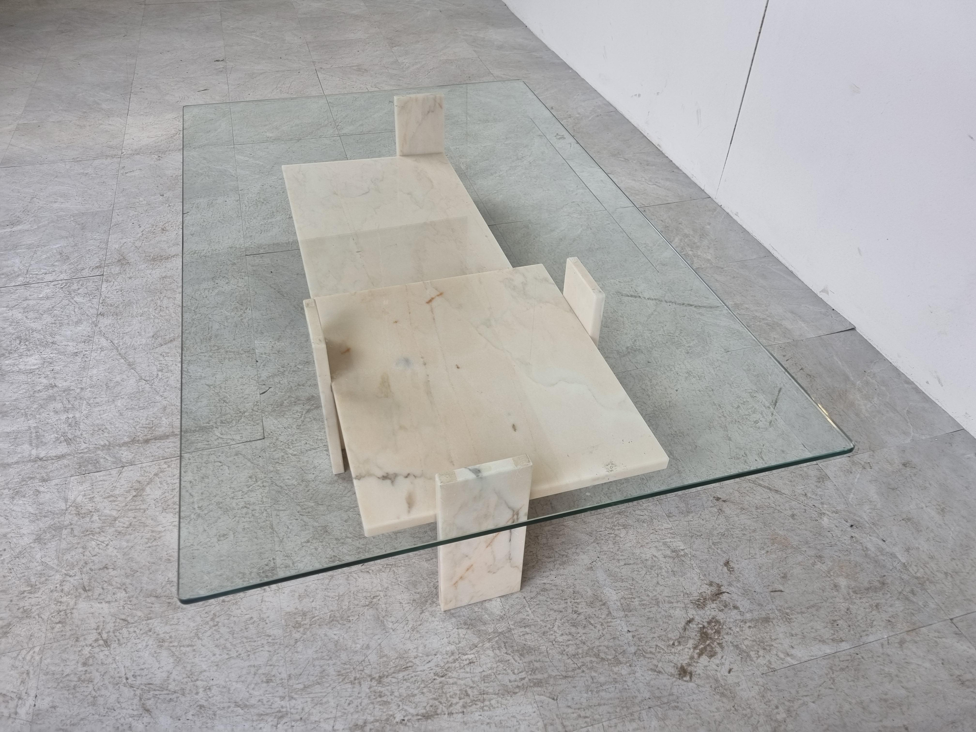 Glass Vintage White Marble Coffee Table, 1970s