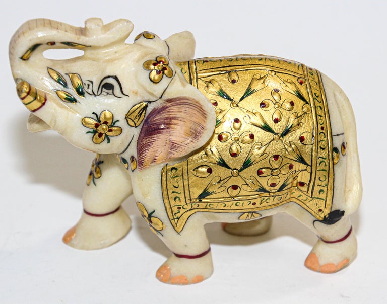 Vintage White Marble Jeweled Elephant Sculpture Paper Weight For Sale