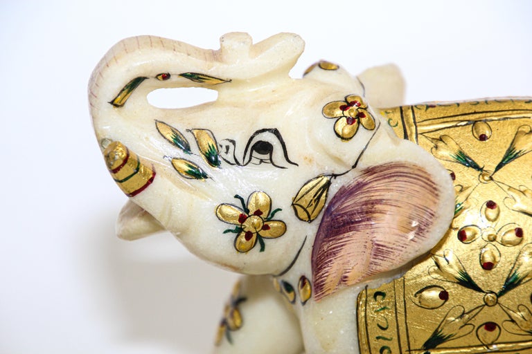 Vintage White Marble Jeweled Elephant Sculpture Paper Weight For Sale