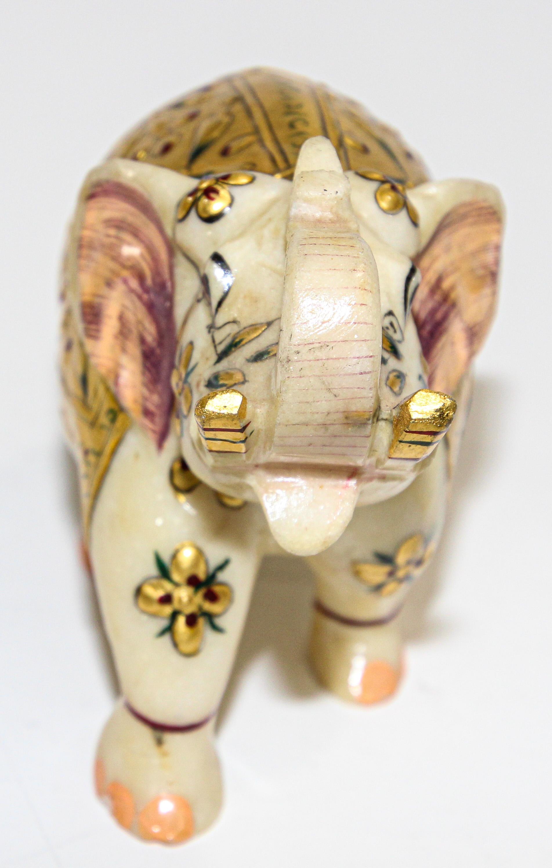 Indian Vintage White Marble Jeweled Elephant Sculpture Paper Weight For Sale