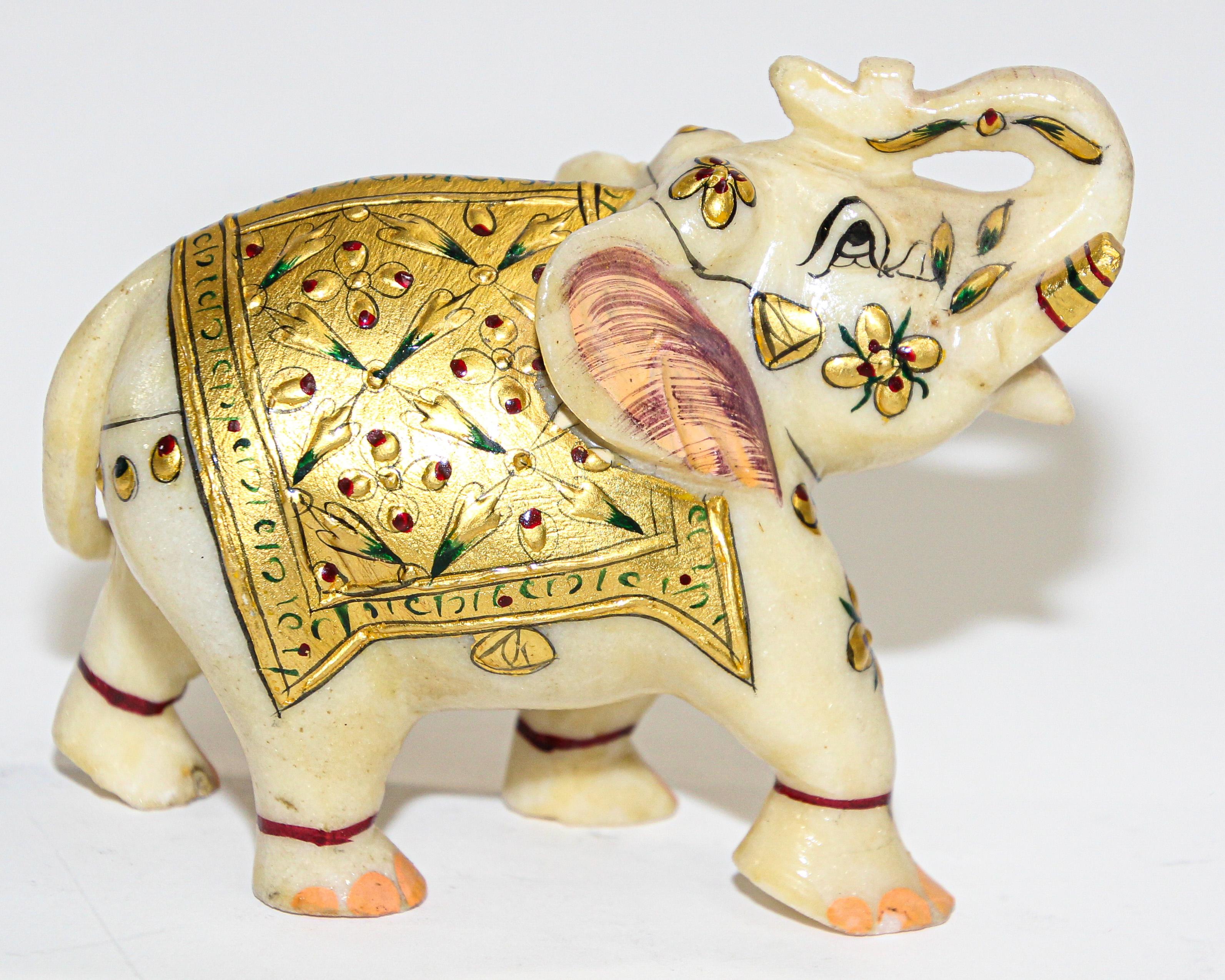 Cast Vintage White Marble Jeweled Elephant Sculpture Paper Weight For Sale